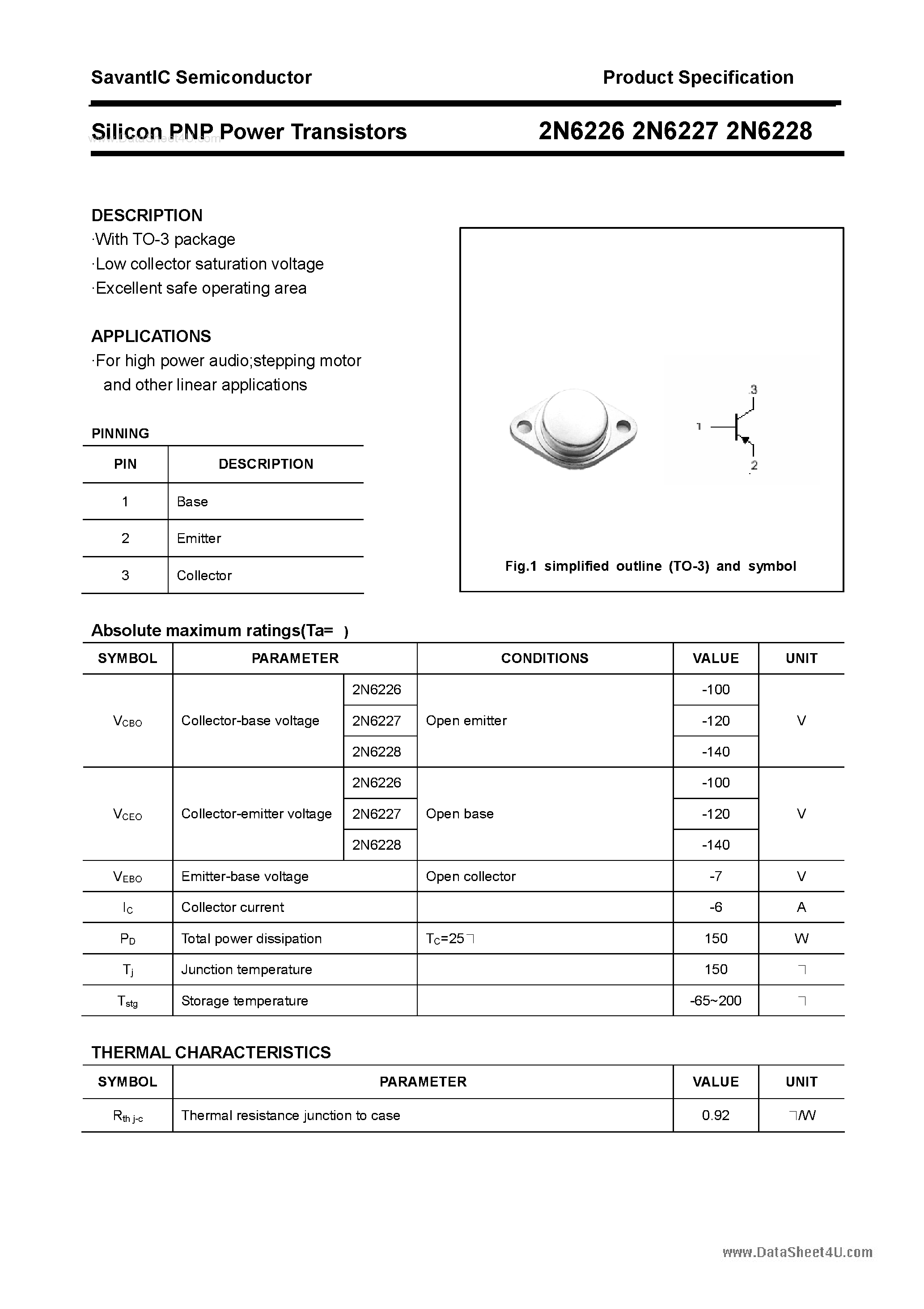Datasheet 2N6226 - (2N6226 - 2N6228) Silicon Power Transistor page 1