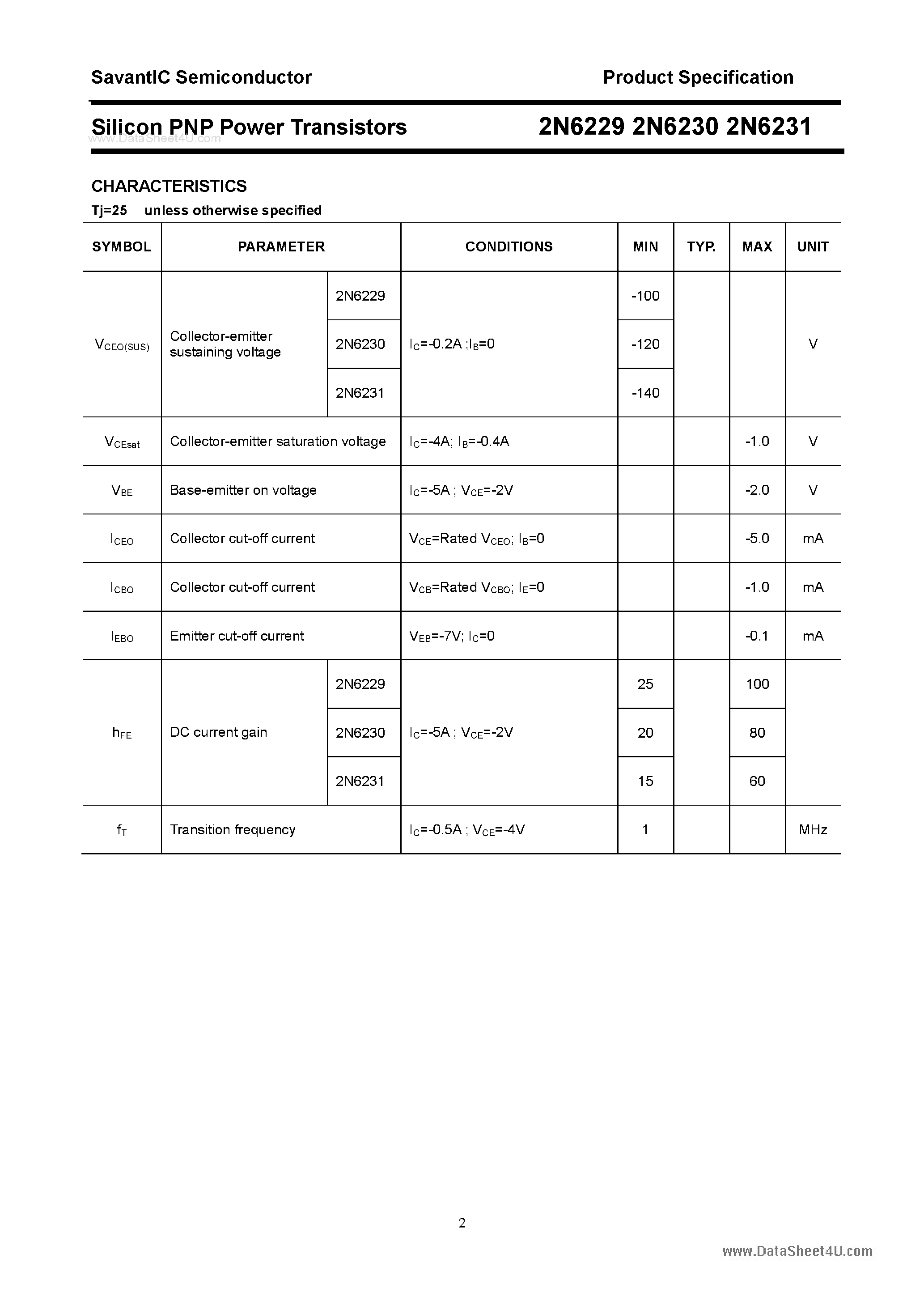 Datasheet 2N6229 - (2N6229 - 2N6231) Silicon Power Transistor page 2