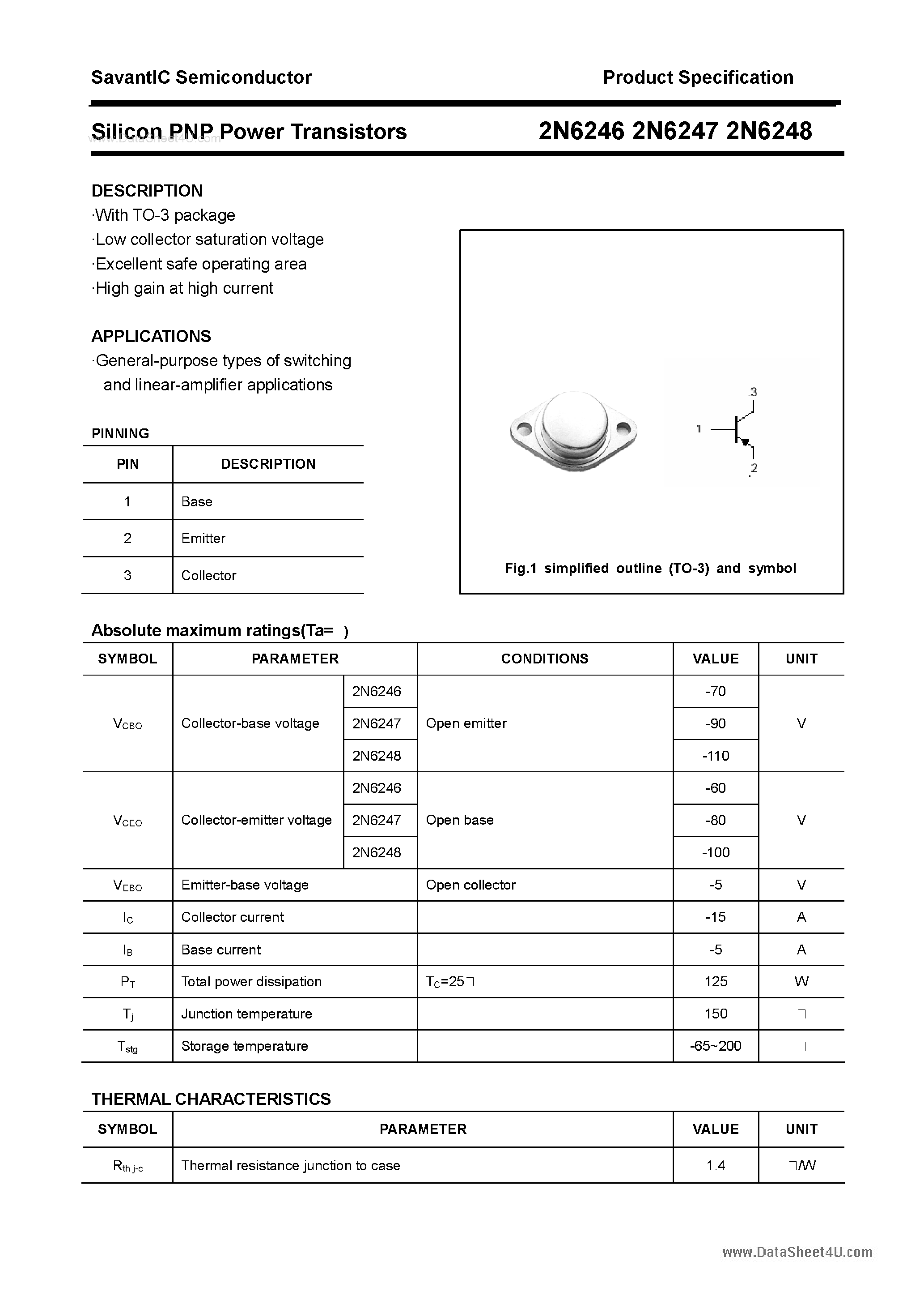 Datasheet 2N6246 - (2N6246 - 2N6248) Silicon Power Transistor page 1