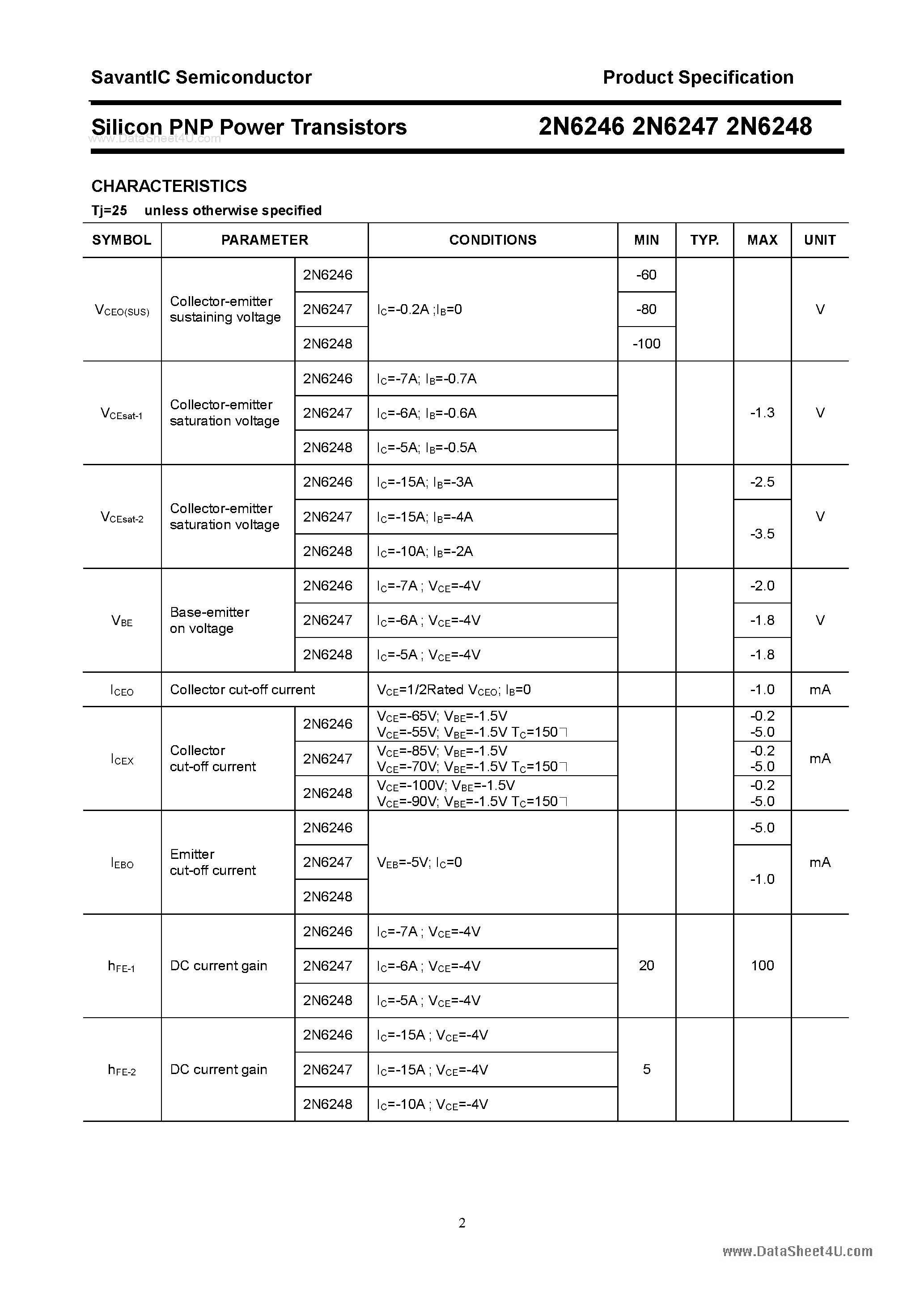 Datasheet 2N6246 - (2N6246 - 2N6248) Silicon Power Transistor page 2
