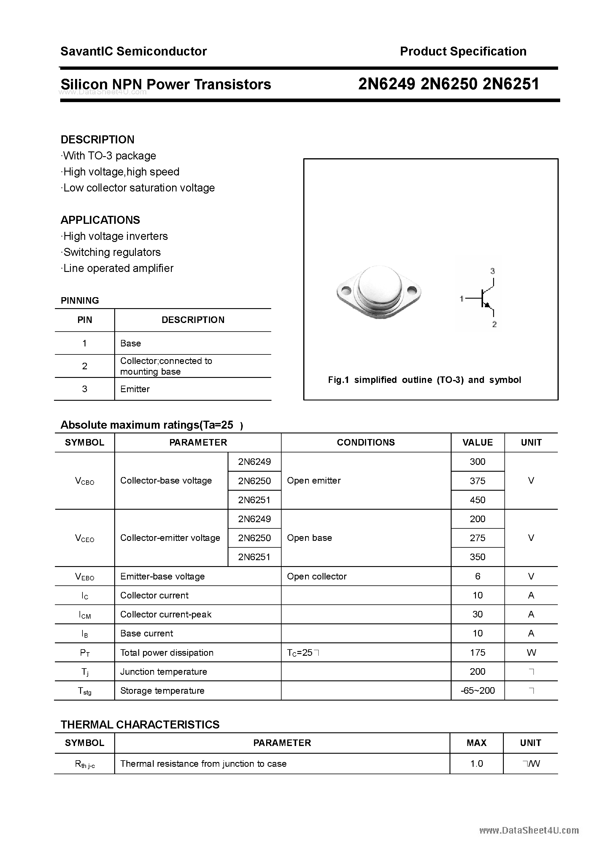 Datasheet 2N6249 - (2N6249 - 2N6251) Silicon Power Transistor page 1