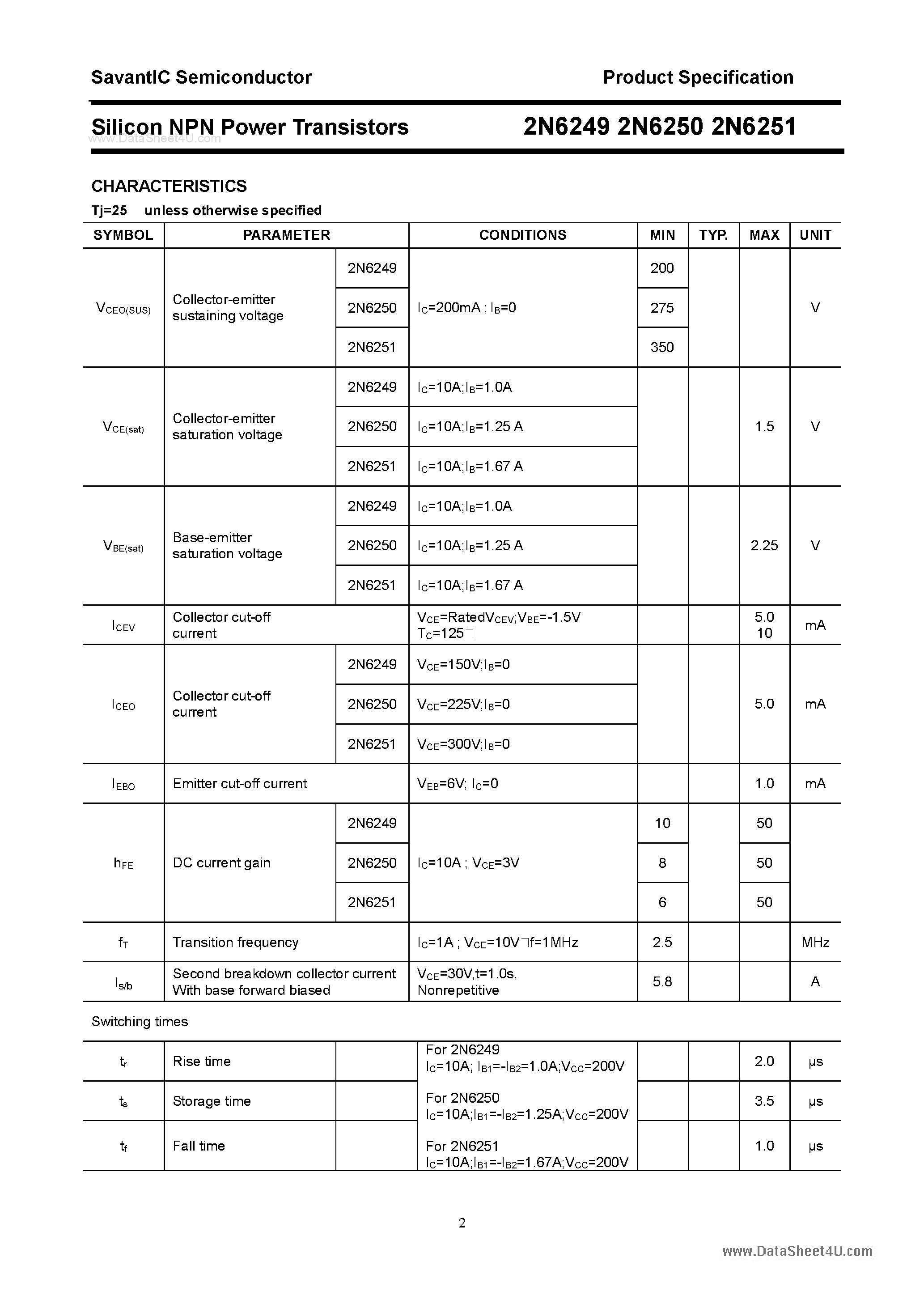 Datasheet 2N6249 - (2N6249 - 2N6251) Silicon Power Transistor page 2