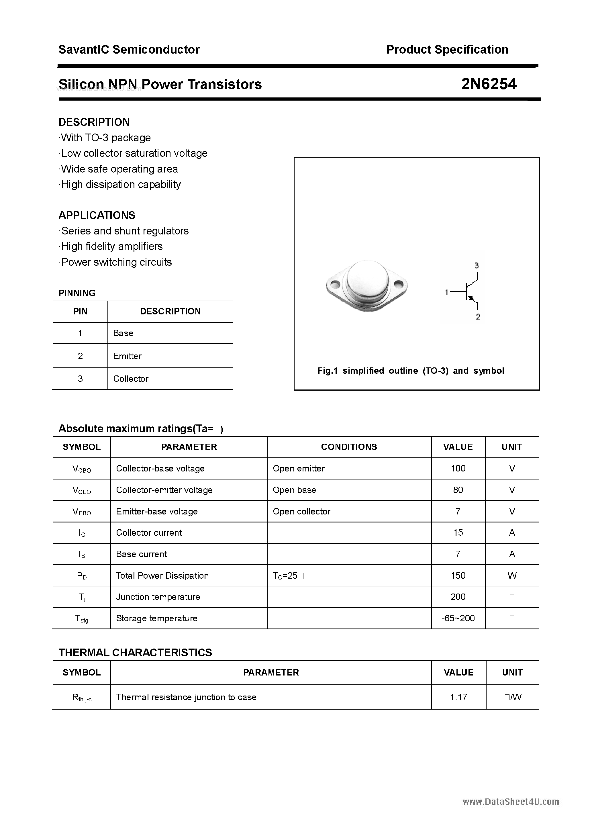 Datasheet 2N6254 - Silicon Power Transistor page 1