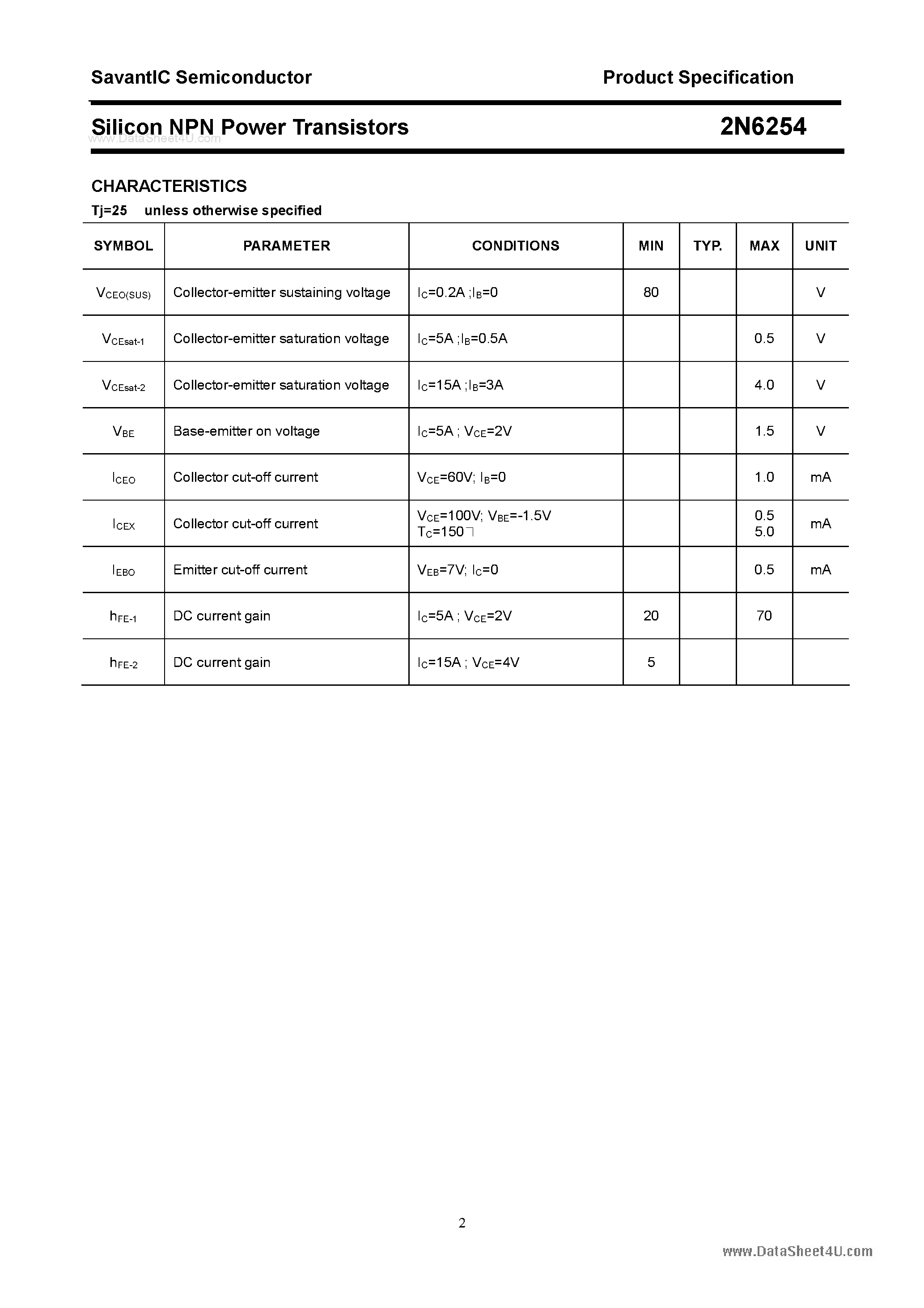 Datasheet 2N6254 - Silicon Power Transistor page 2