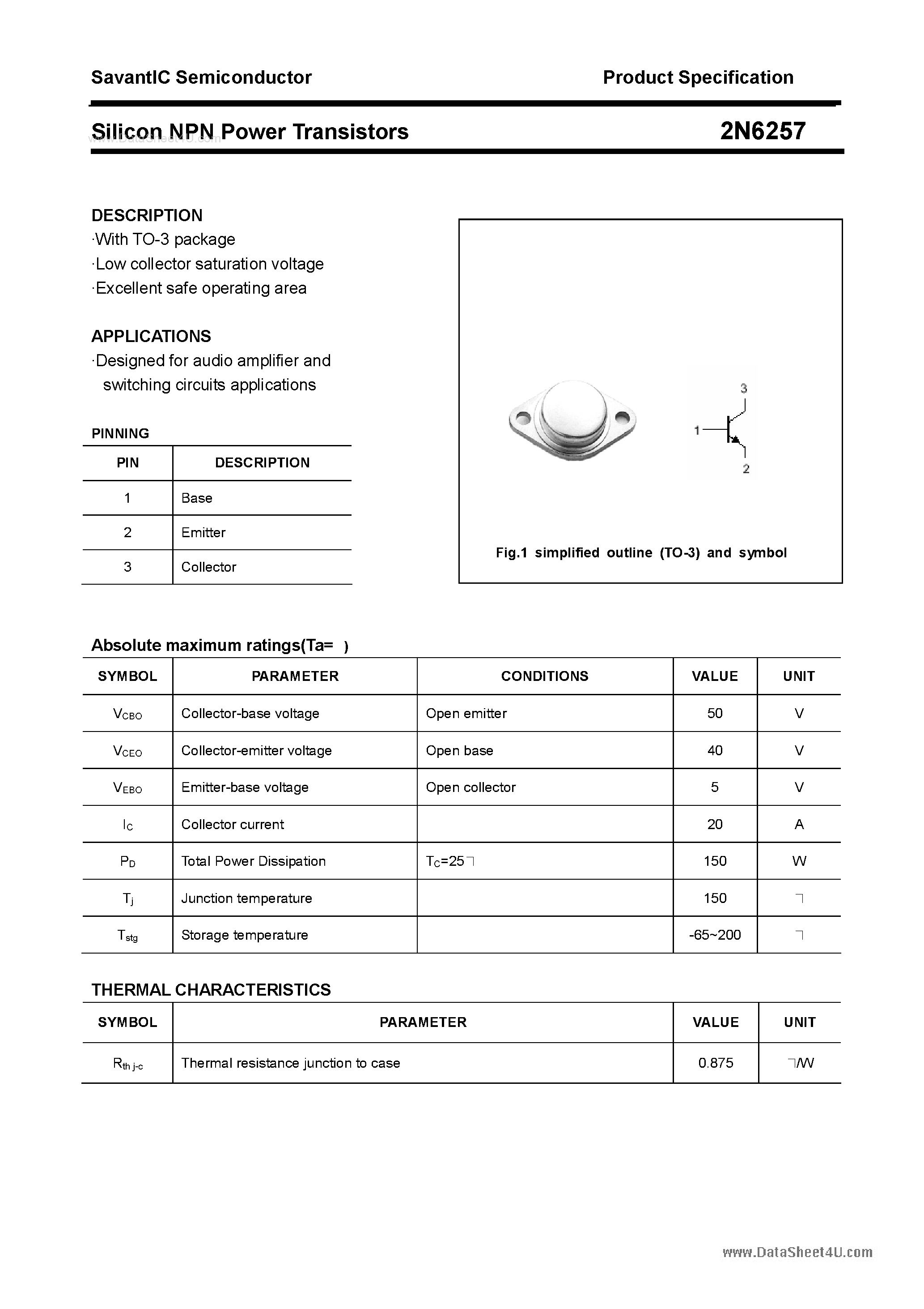 Datasheet 2N6257 - Silicon Power Transistor page 1