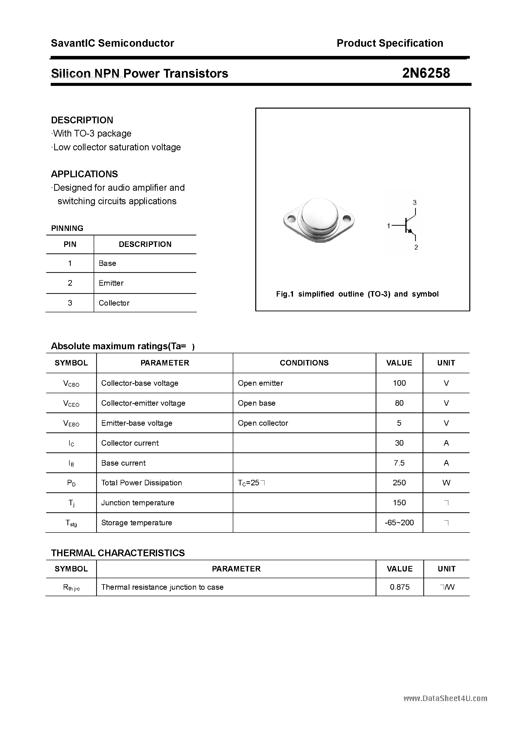 Datasheet 2N6258 - Silicon Power Transistor page 1