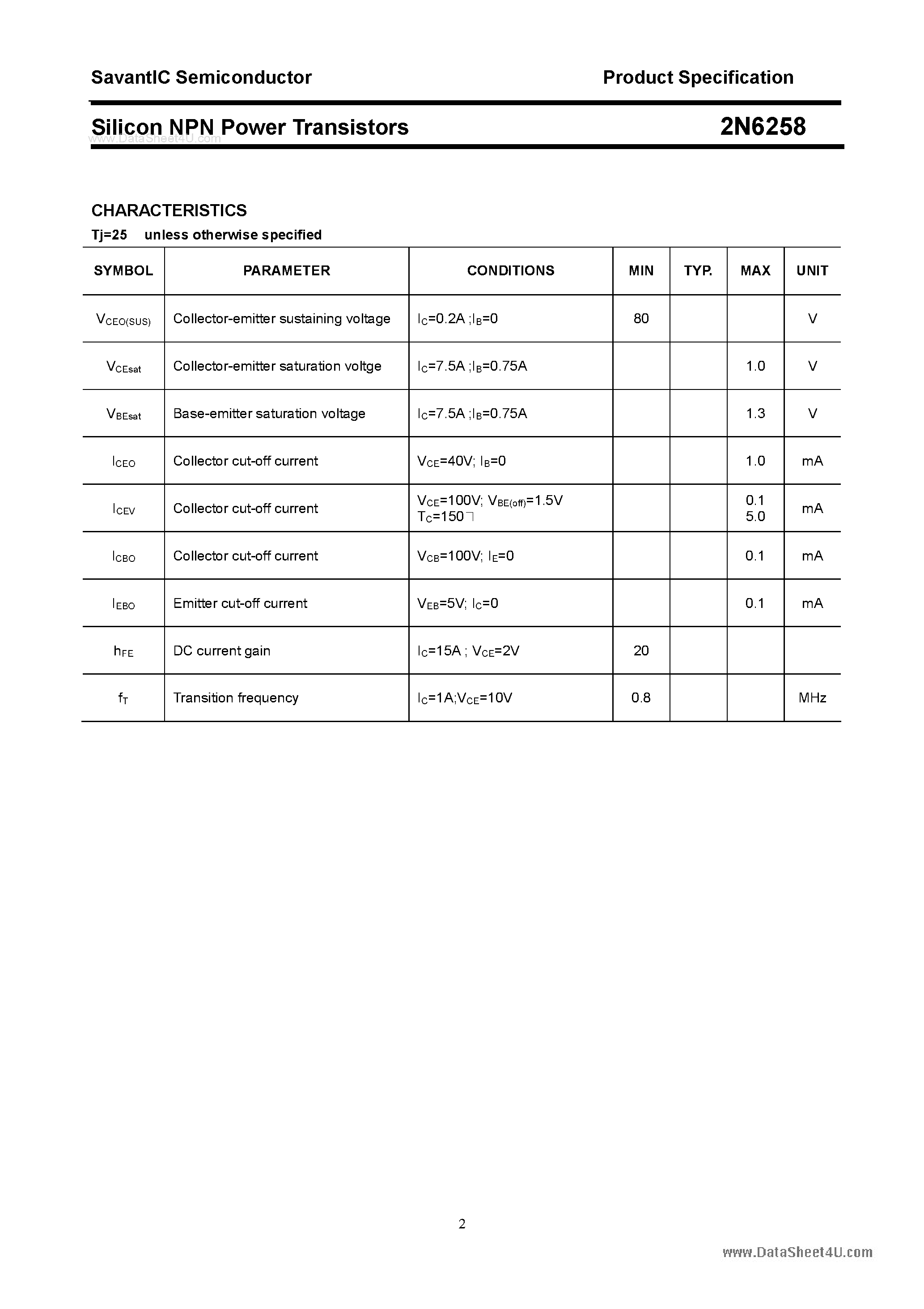 Datasheet 2N6258 - Silicon Power Transistor page 2