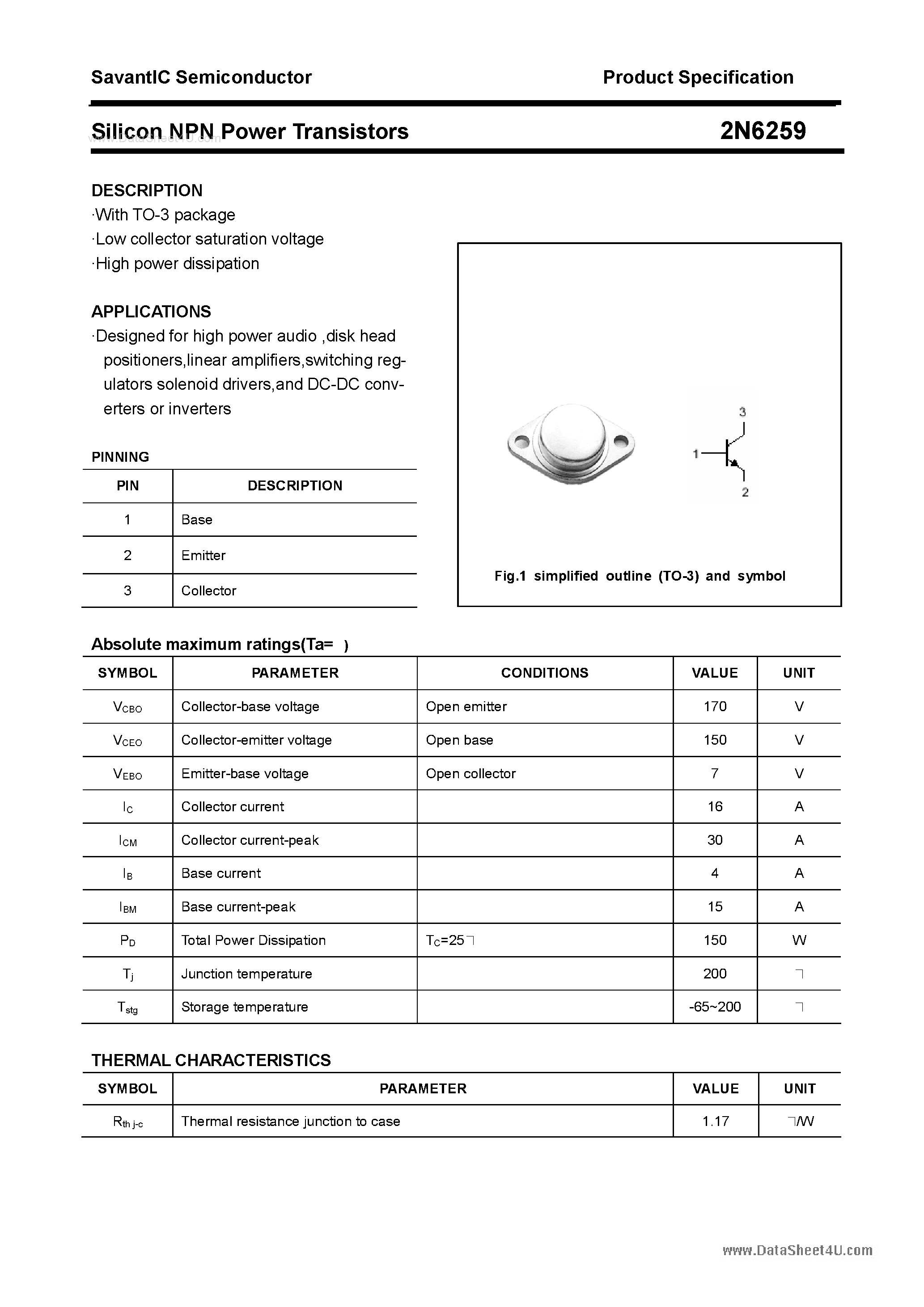 Даташит 2N6259 - Silicon Power Transistors страница 1
