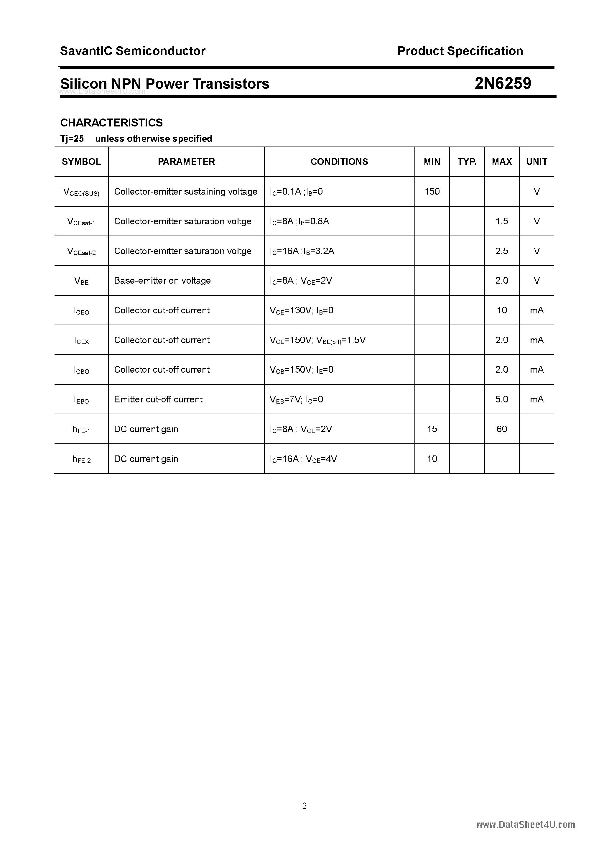 Даташит 2N6259 - Silicon Power Transistors страница 2
