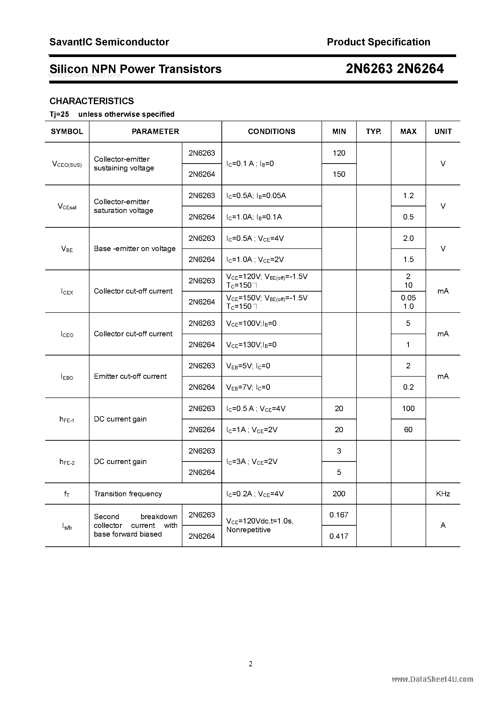 Даташит 2N6263 - (2N6263 / 2N6264) Silicon Power Transistors страница 2
