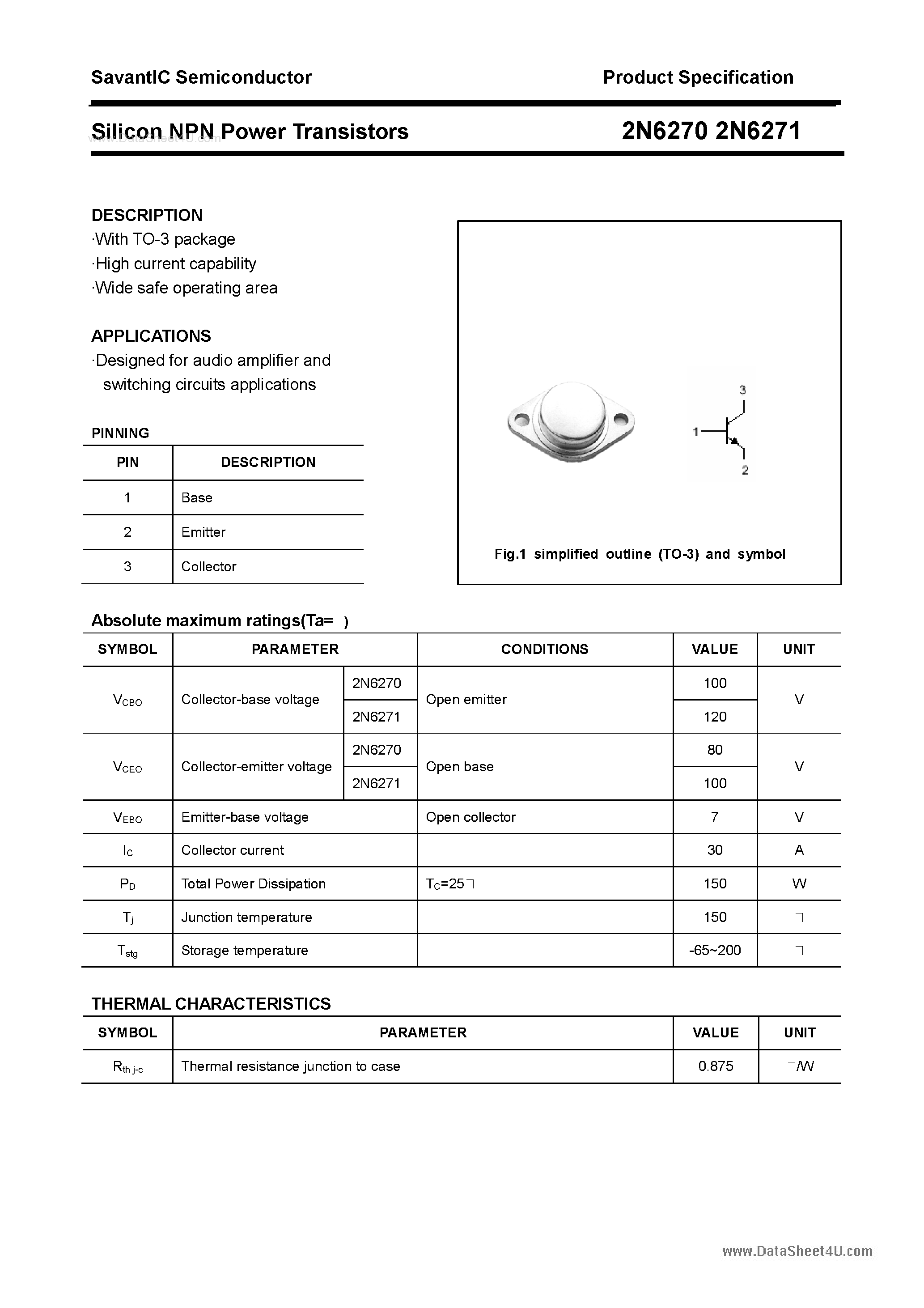 Даташит 2N6270 - (2N6270 / 2N6271) Silicon Power Transistors страница 1