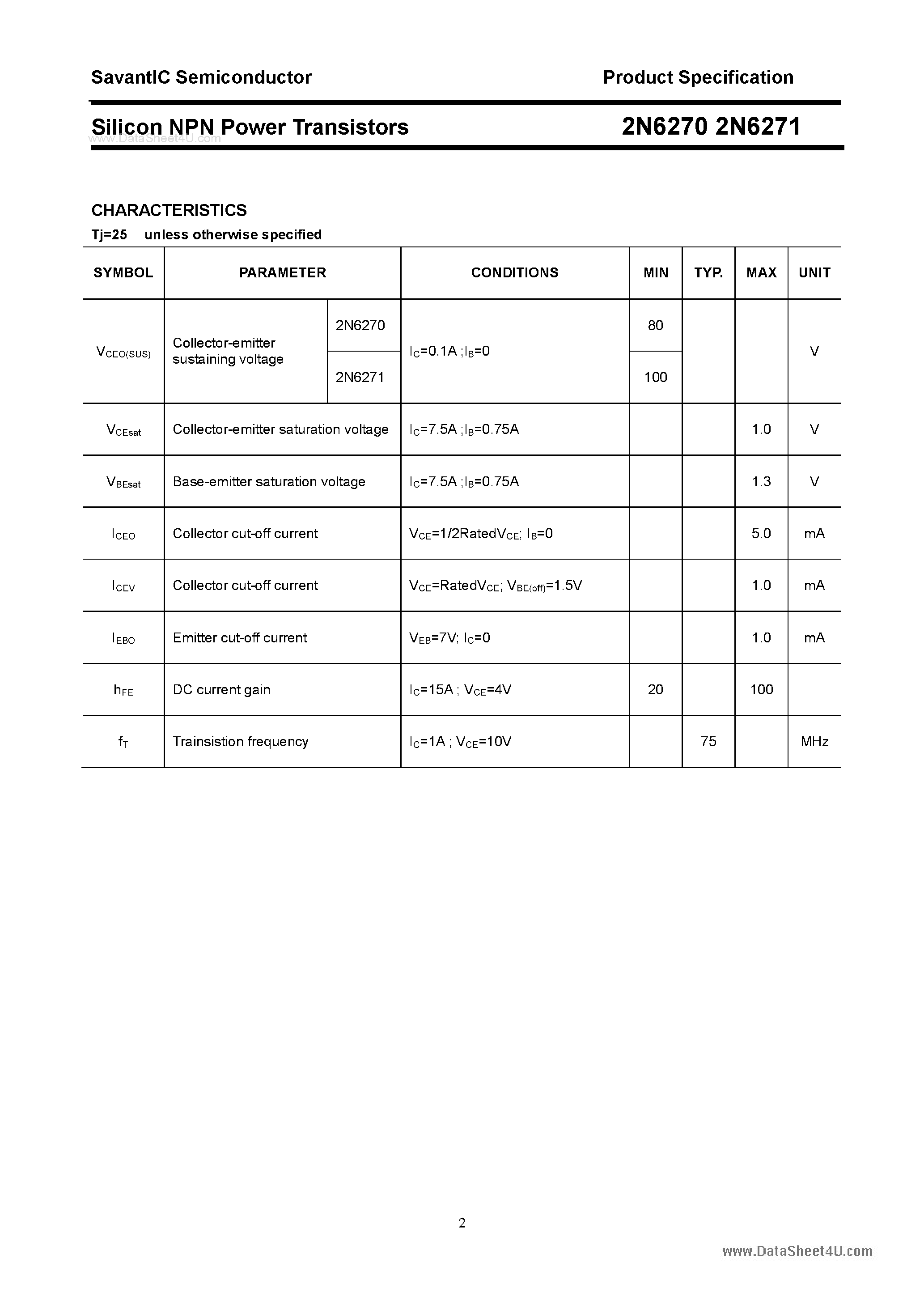 Даташит 2N6270 - (2N6270 / 2N6271) Silicon Power Transistors страница 2