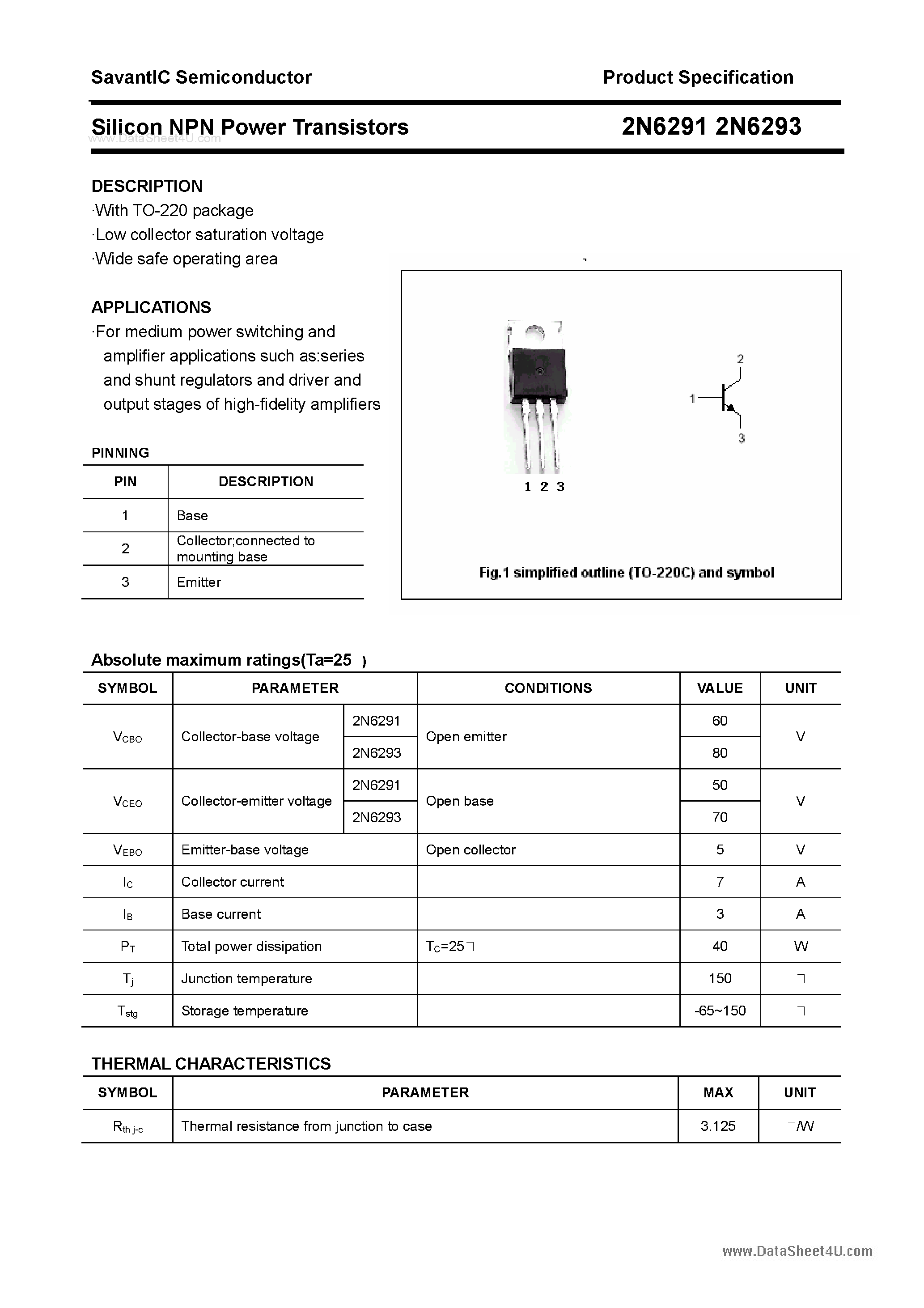 Даташит 2N6291 - (2N6291 / 2N6293) Silicon Power Transistors страница 1