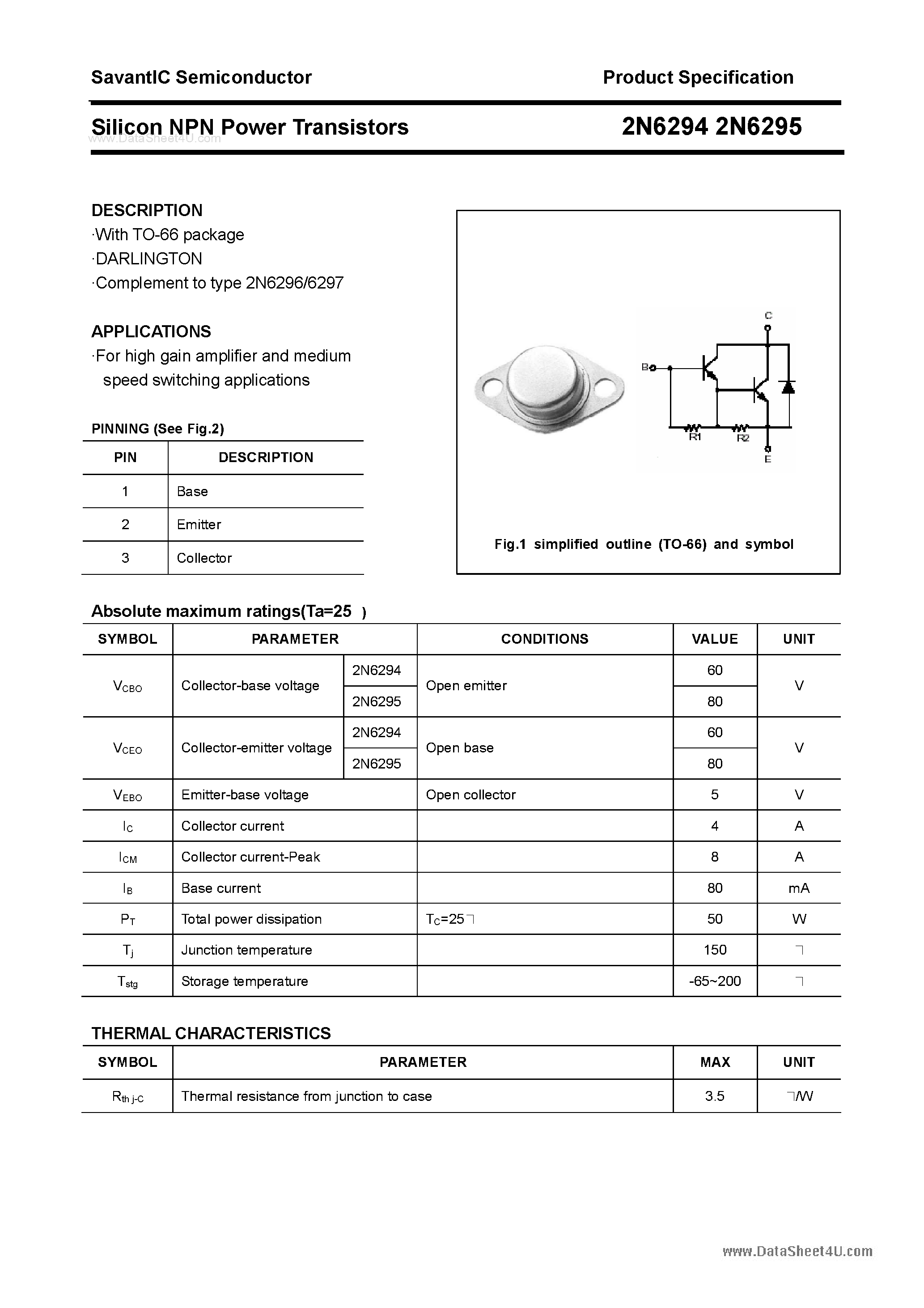 Даташит 2N6294 - (2N6294 / 2N6295) Silicon Power Transistors страница 1