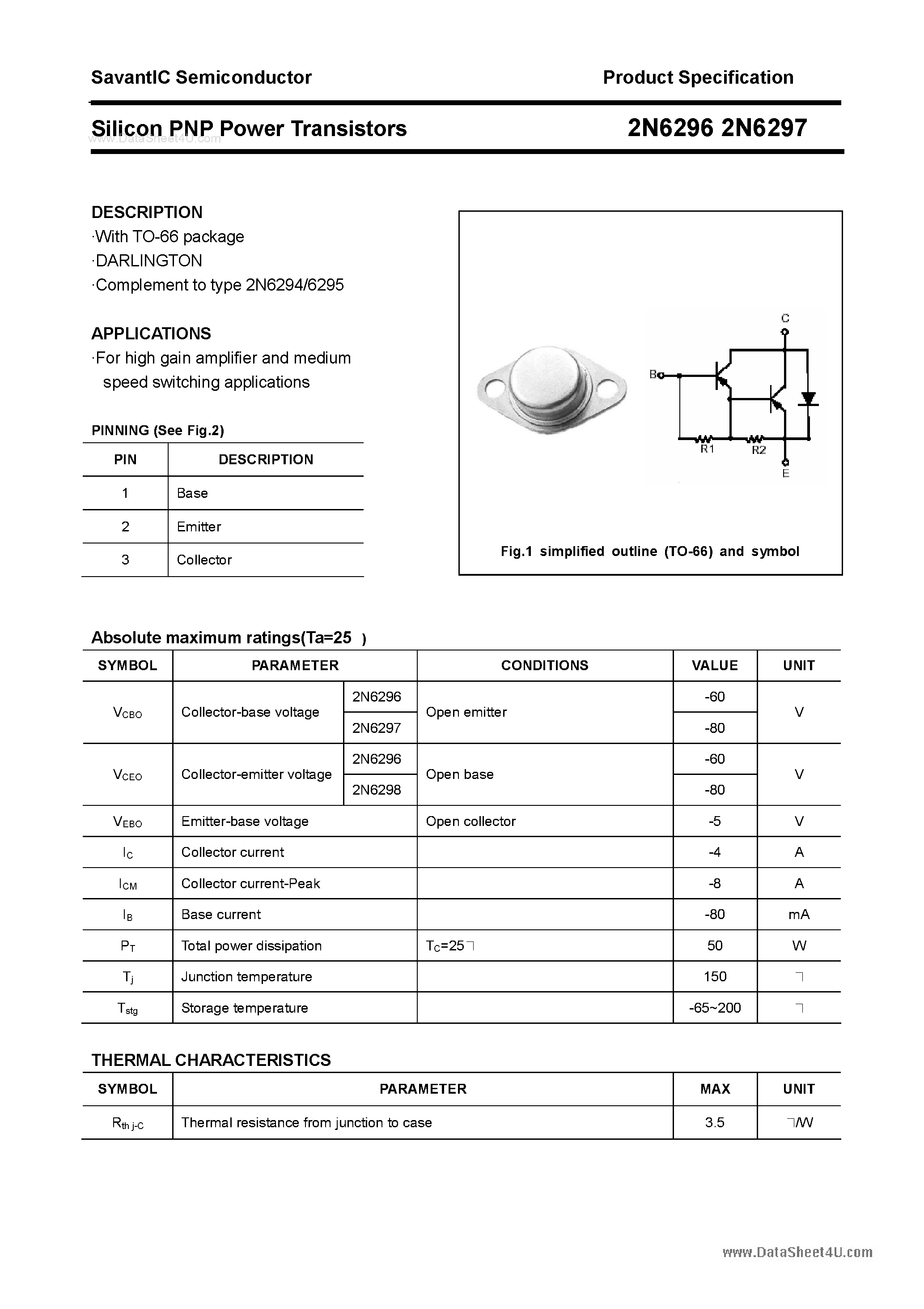 Даташит 2N6296 - (2N6296 / 2N6297) Silicon Power Transistors страница 1