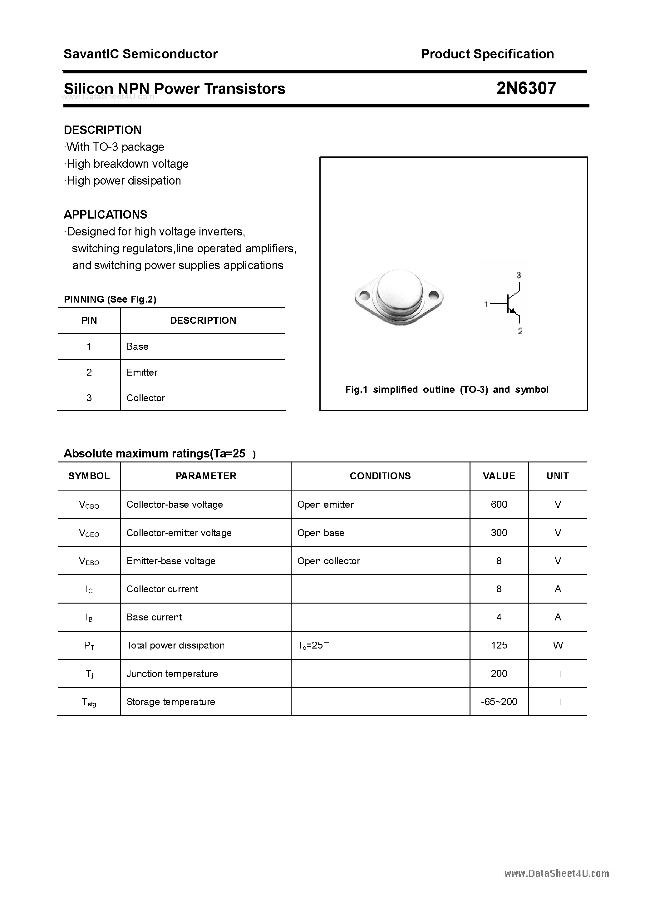 Даташит 2N6307 - Silicon Power Transistors страница 1