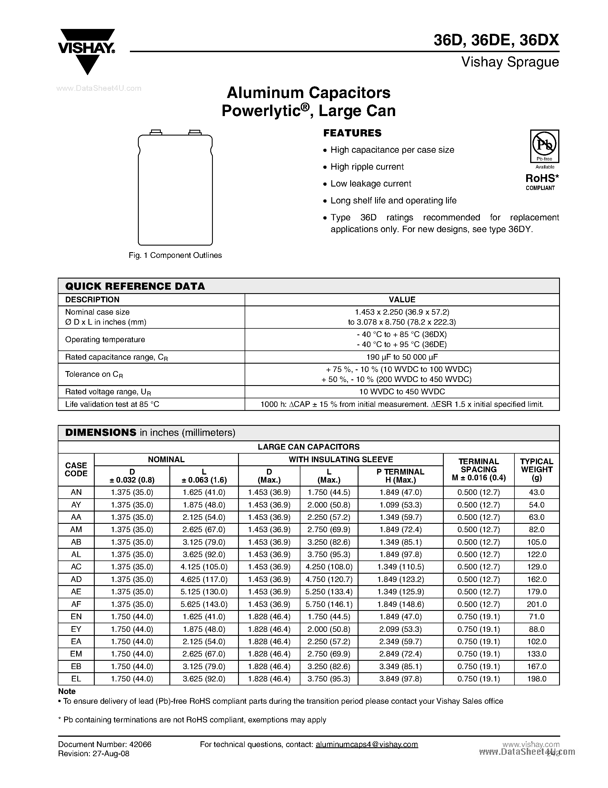Datasheet 36D page 1 Datasheet 36D - Aluminum Capacitors page 1