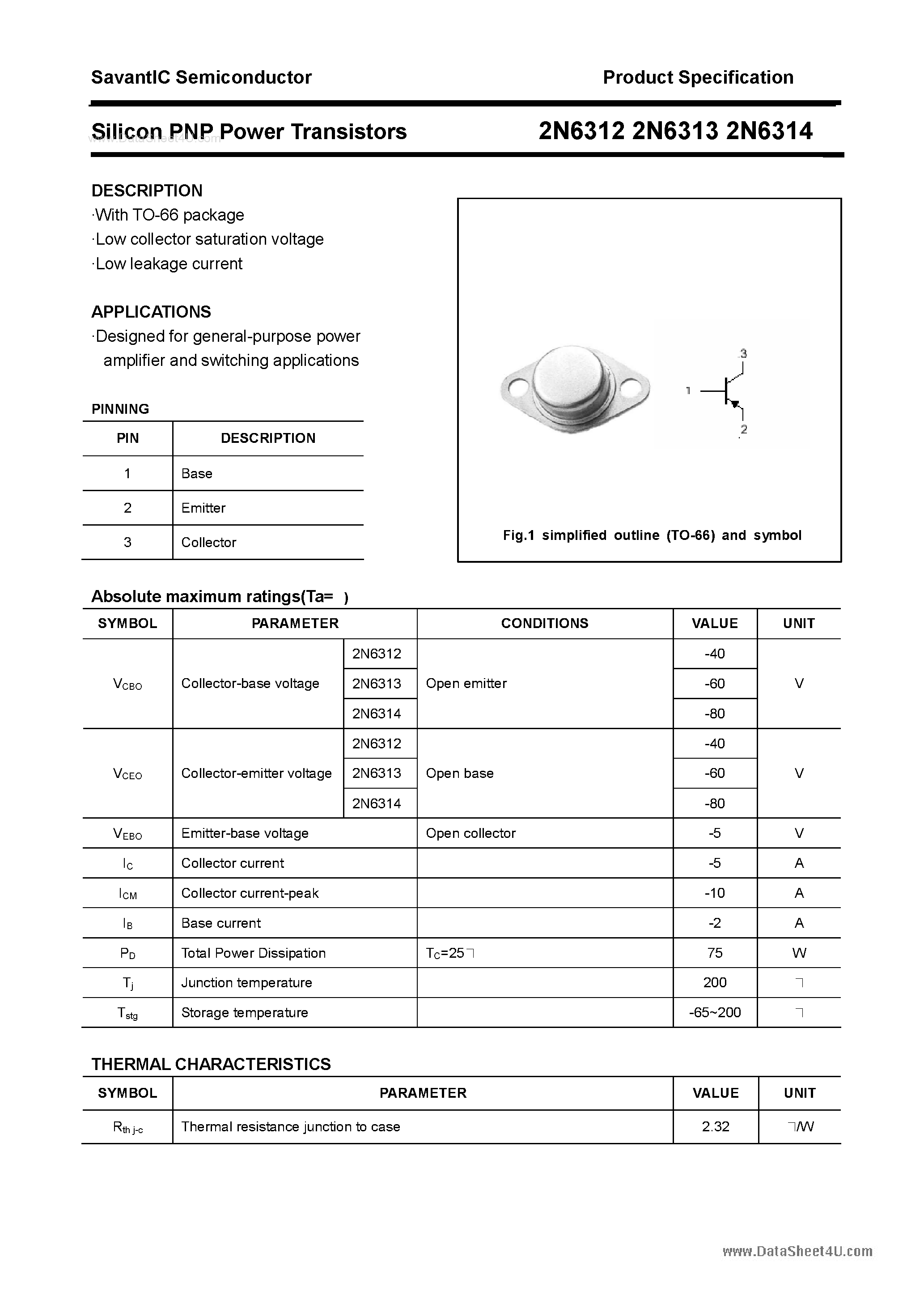 Datasheet 2N6312 - (2N6312 - 2N6314) Silicon Power Transistor page 1