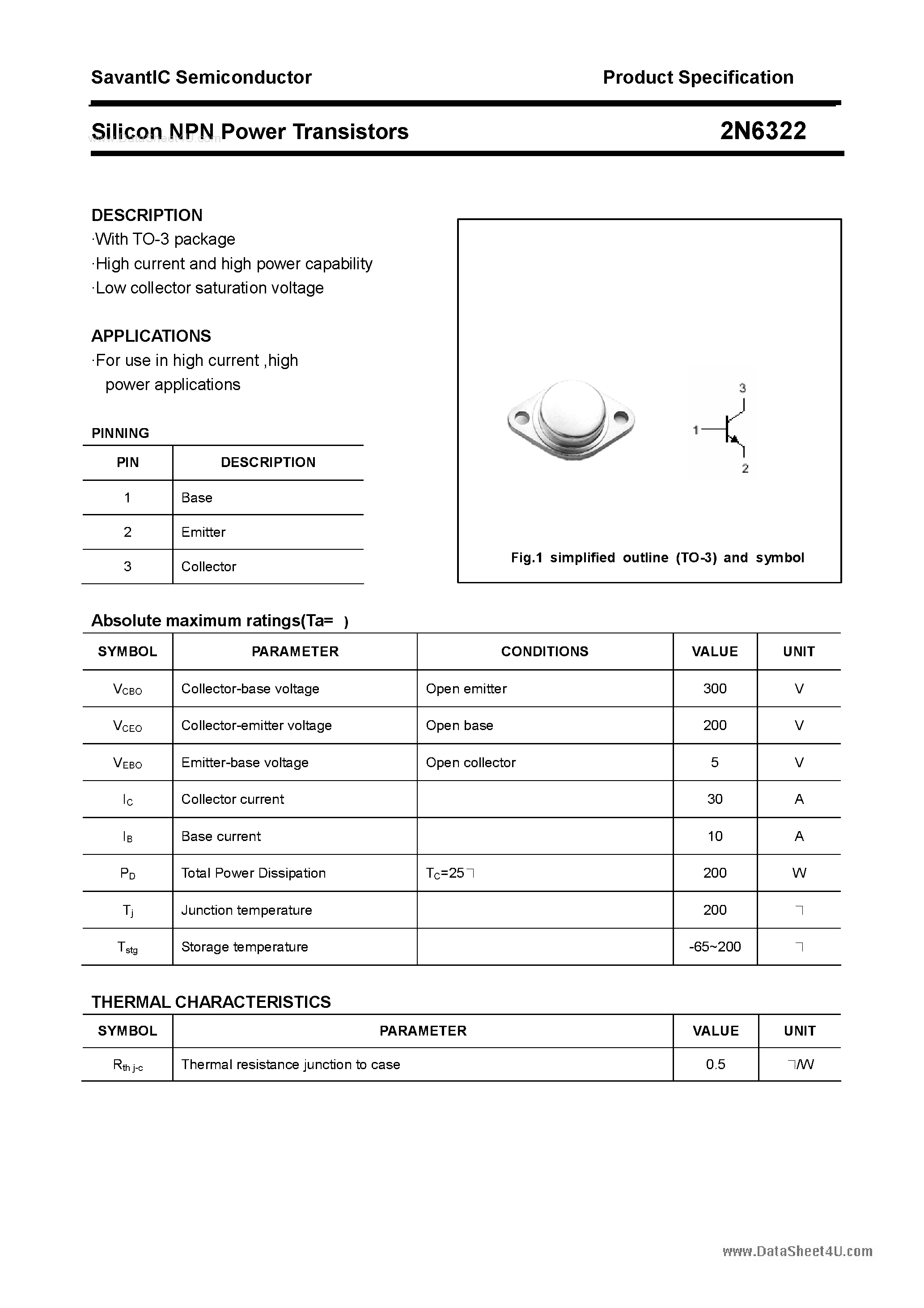 Datasheet 2N6322 - Silicon Power Transistor page 1