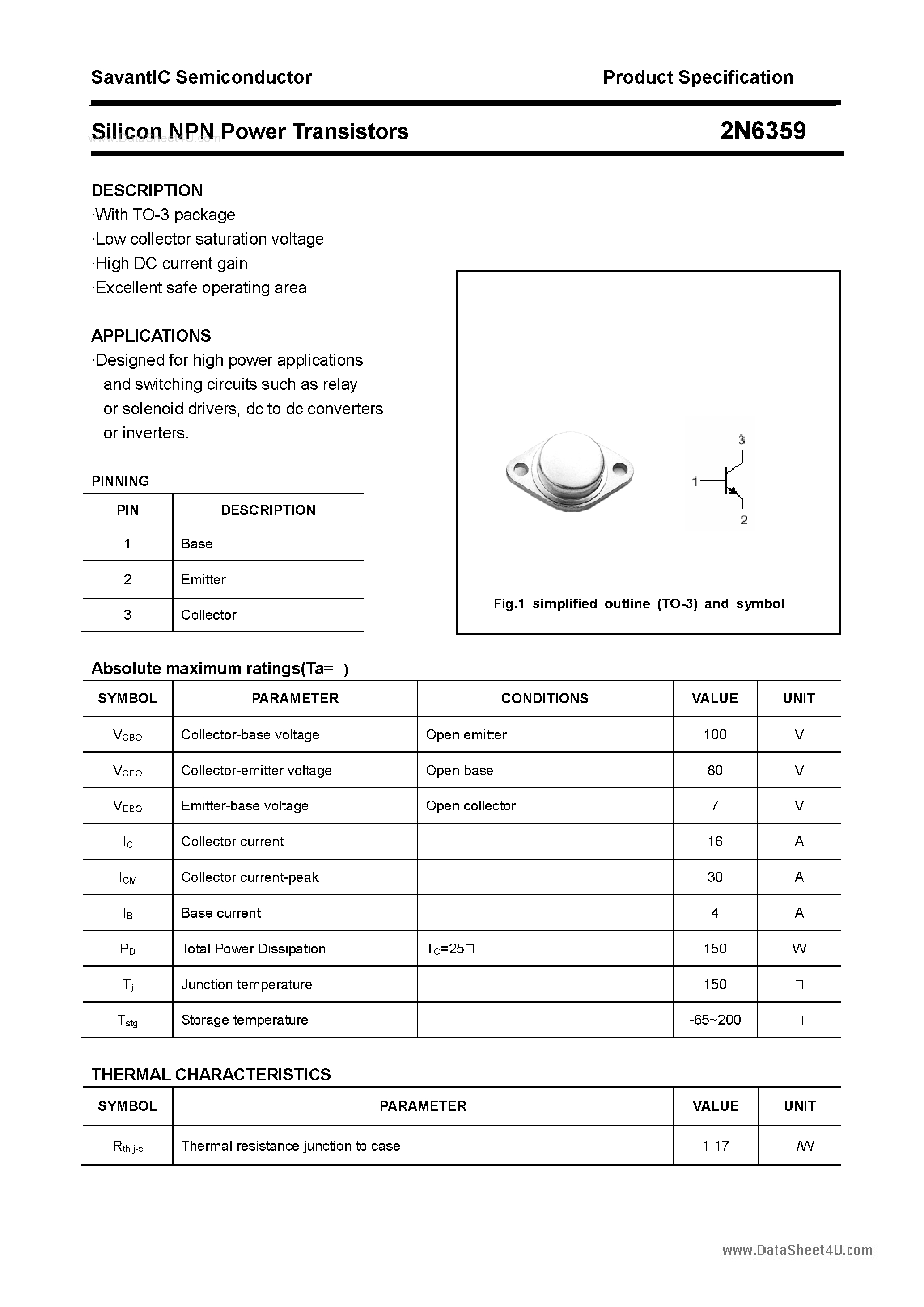 Datasheet 2N6359 - Silicon Power Transistor page 1