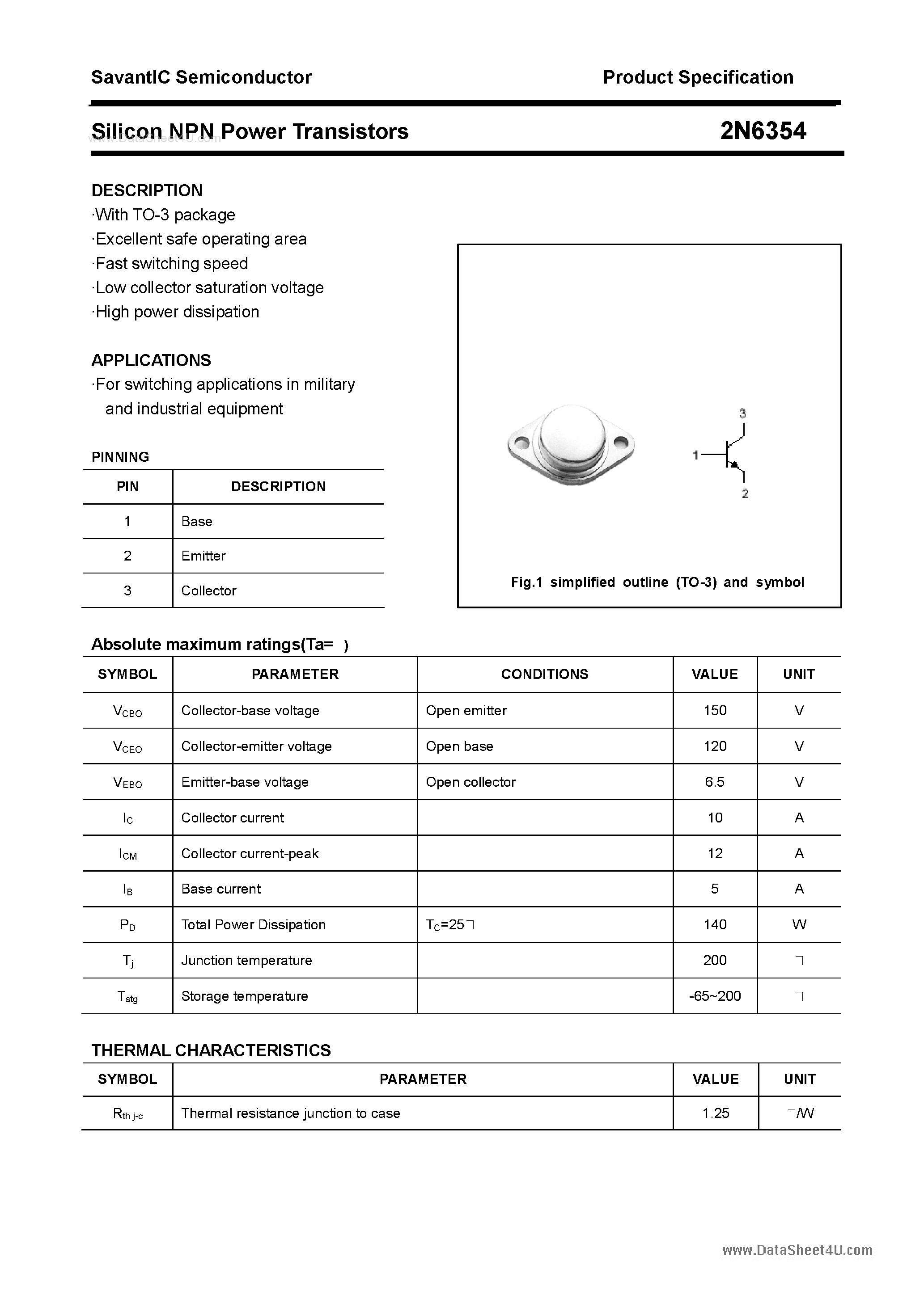 Datasheet 2N6354 - Silicon Power Transistor page 1