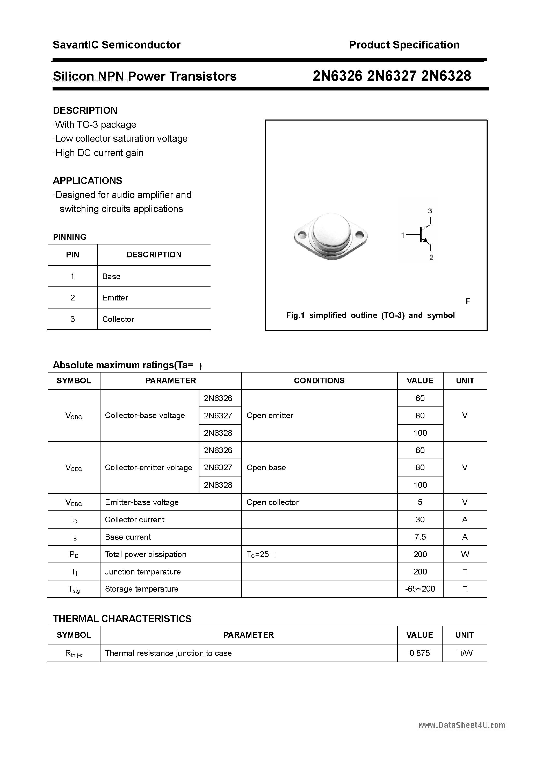 Datasheet 2N6326 - (2N6326 -2N6328) Silicon Power Transistor page 1