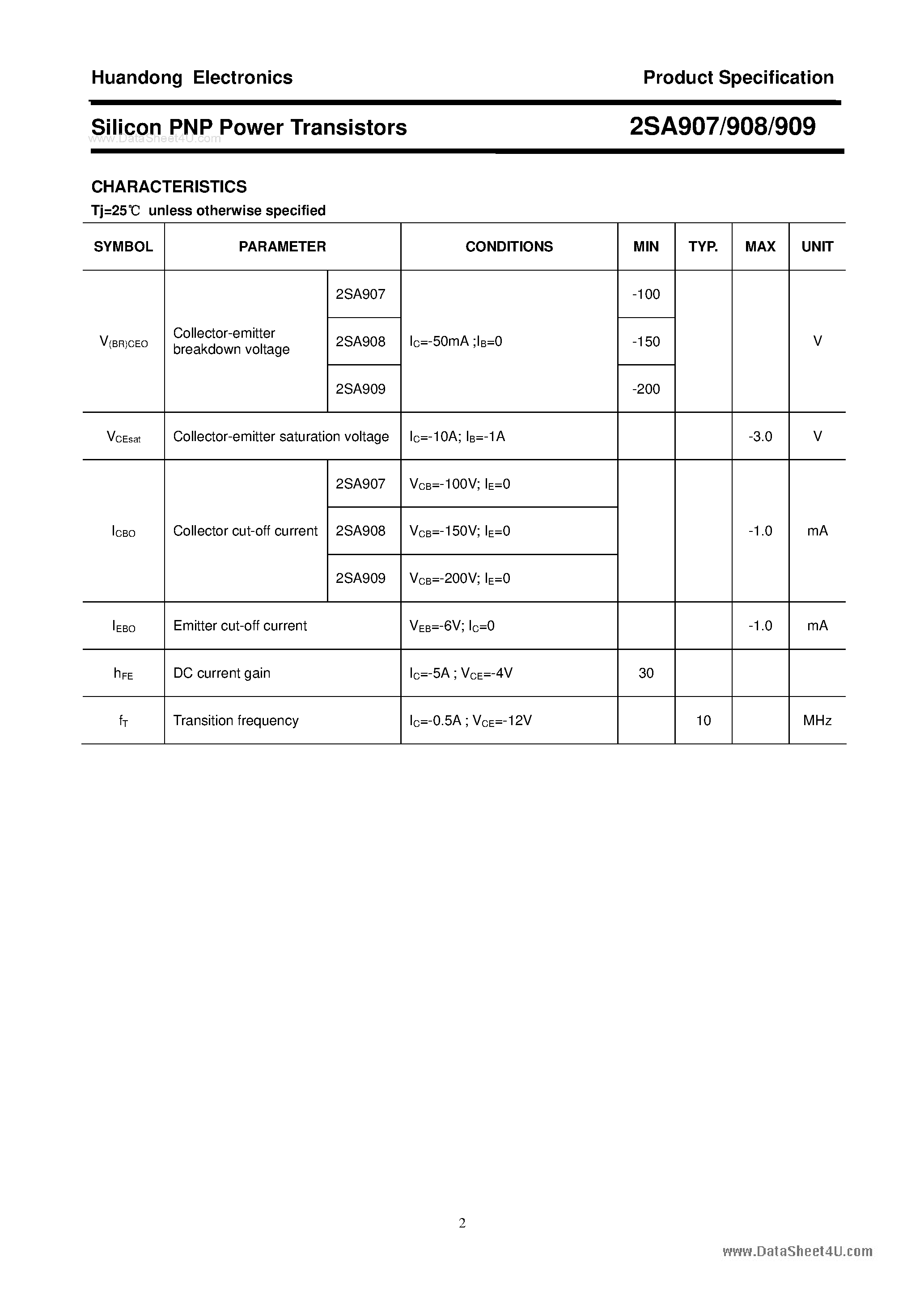 Даташит на микросхему 2SA907 страница 2 Даташит 2SA907 - (2SA907 - 2SA909) Silicon PNP Power Transistors страница 2