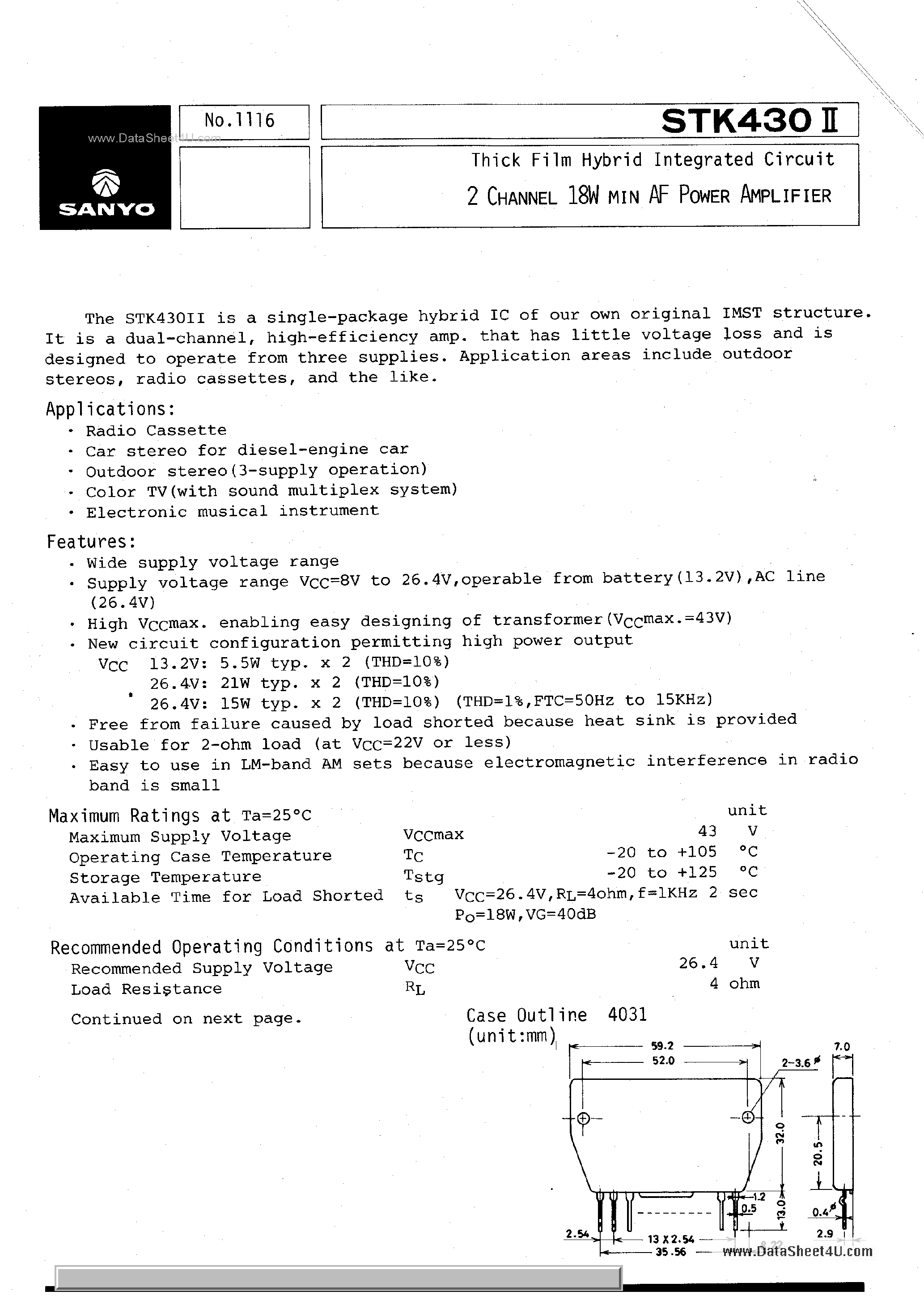 Datasheet STK430II page 1 Datasheet STK430II - 2-Channel AF Power Amplifier page 1