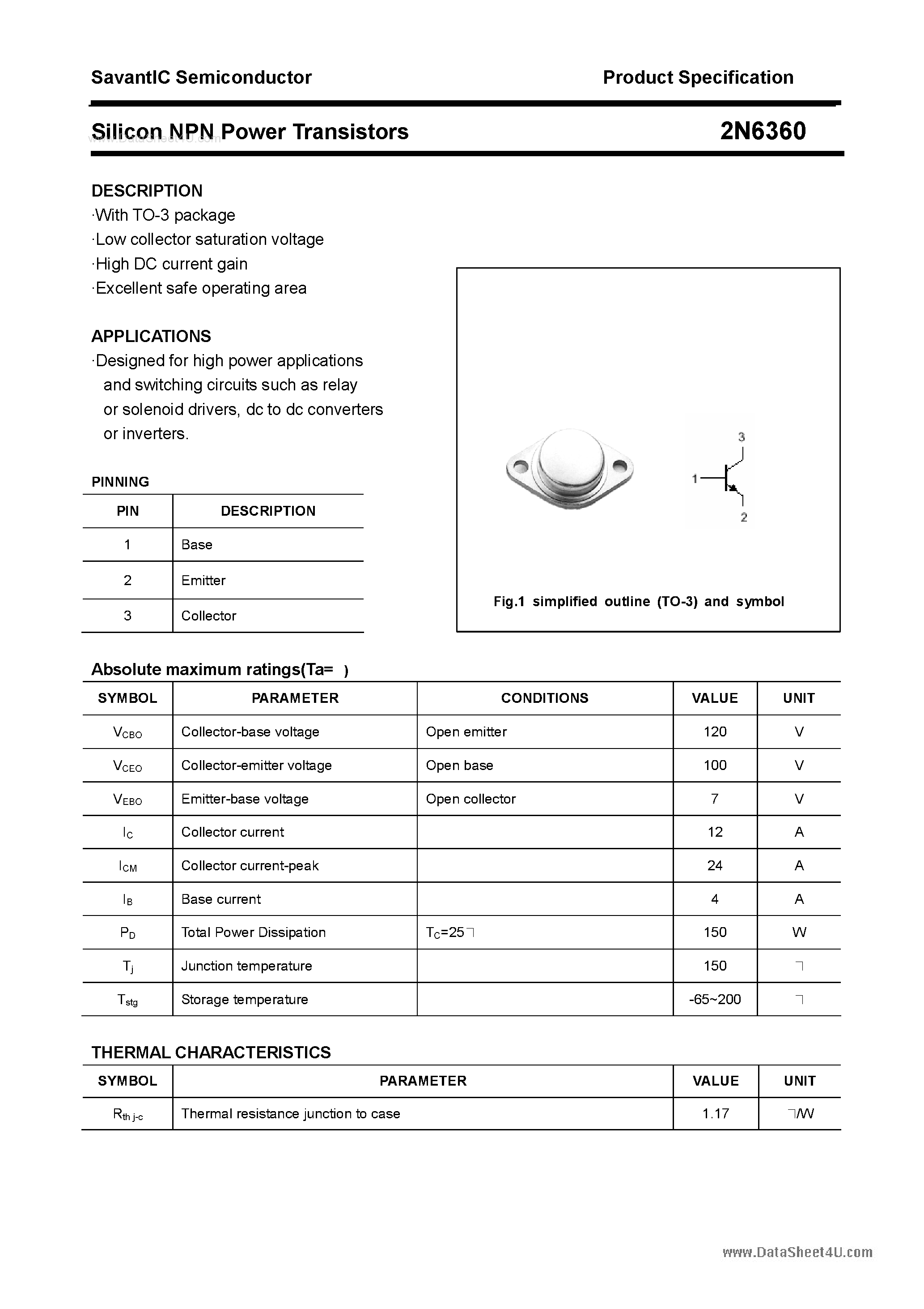 Datasheet 2N6360 - Silicon Power Transistor page 1