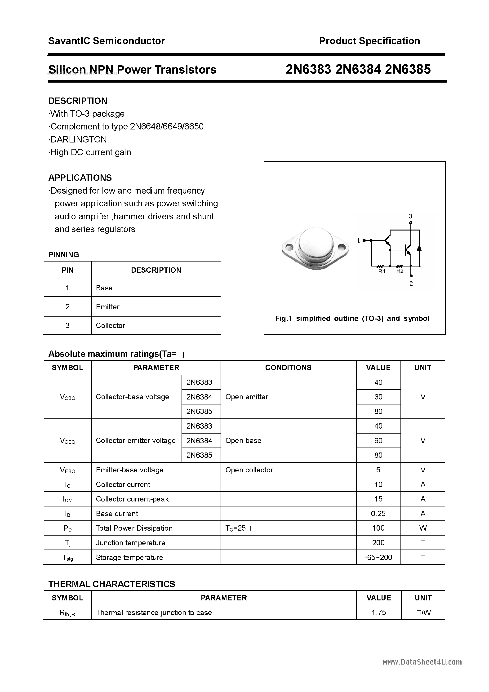 Datasheet 2N6383 - (2N6383 - 2N6385) Silicon Power Transistor page 1