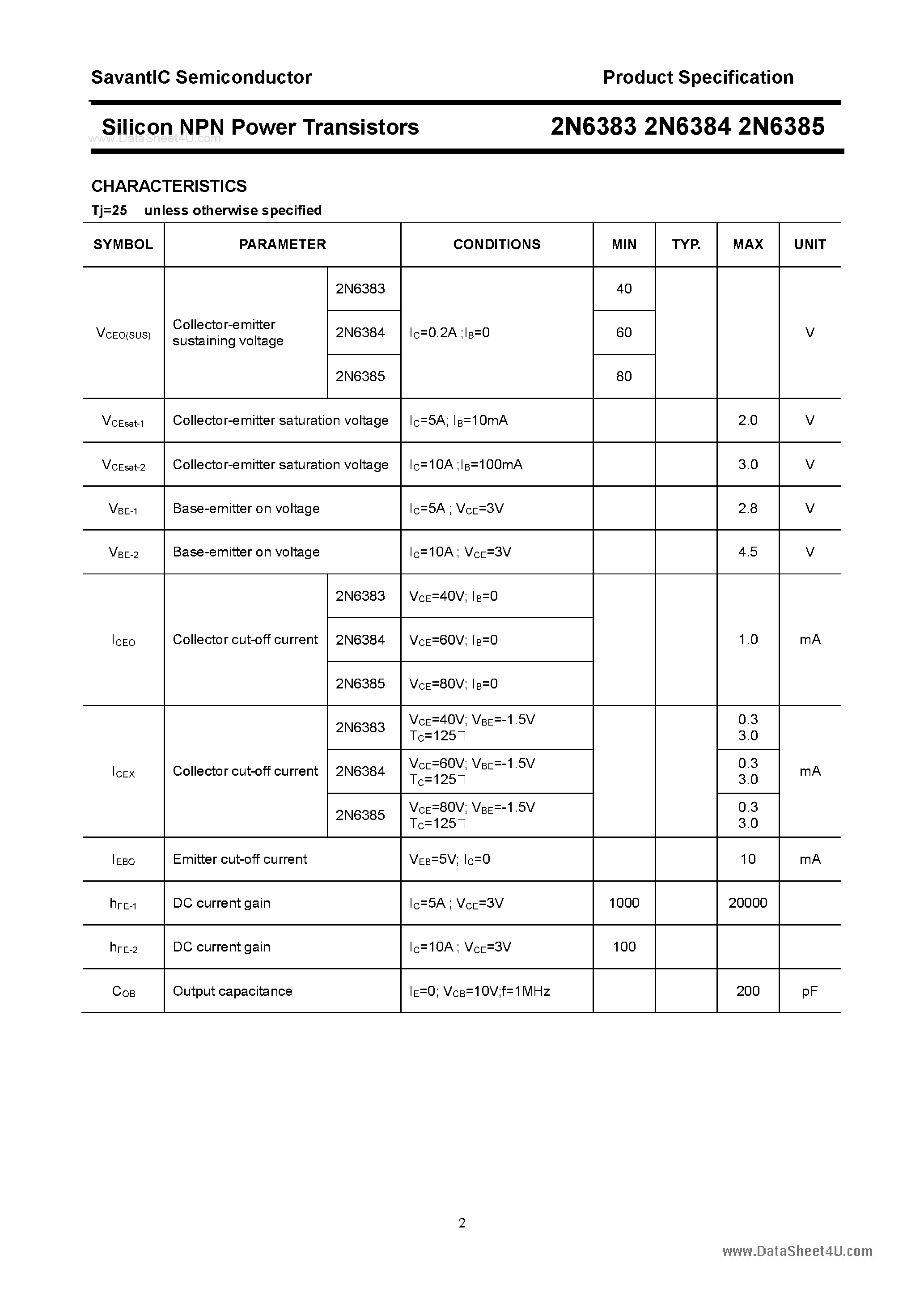 Datasheet 2N6383 - (2N6383 - 2N6385) Silicon Power Transistor page 2