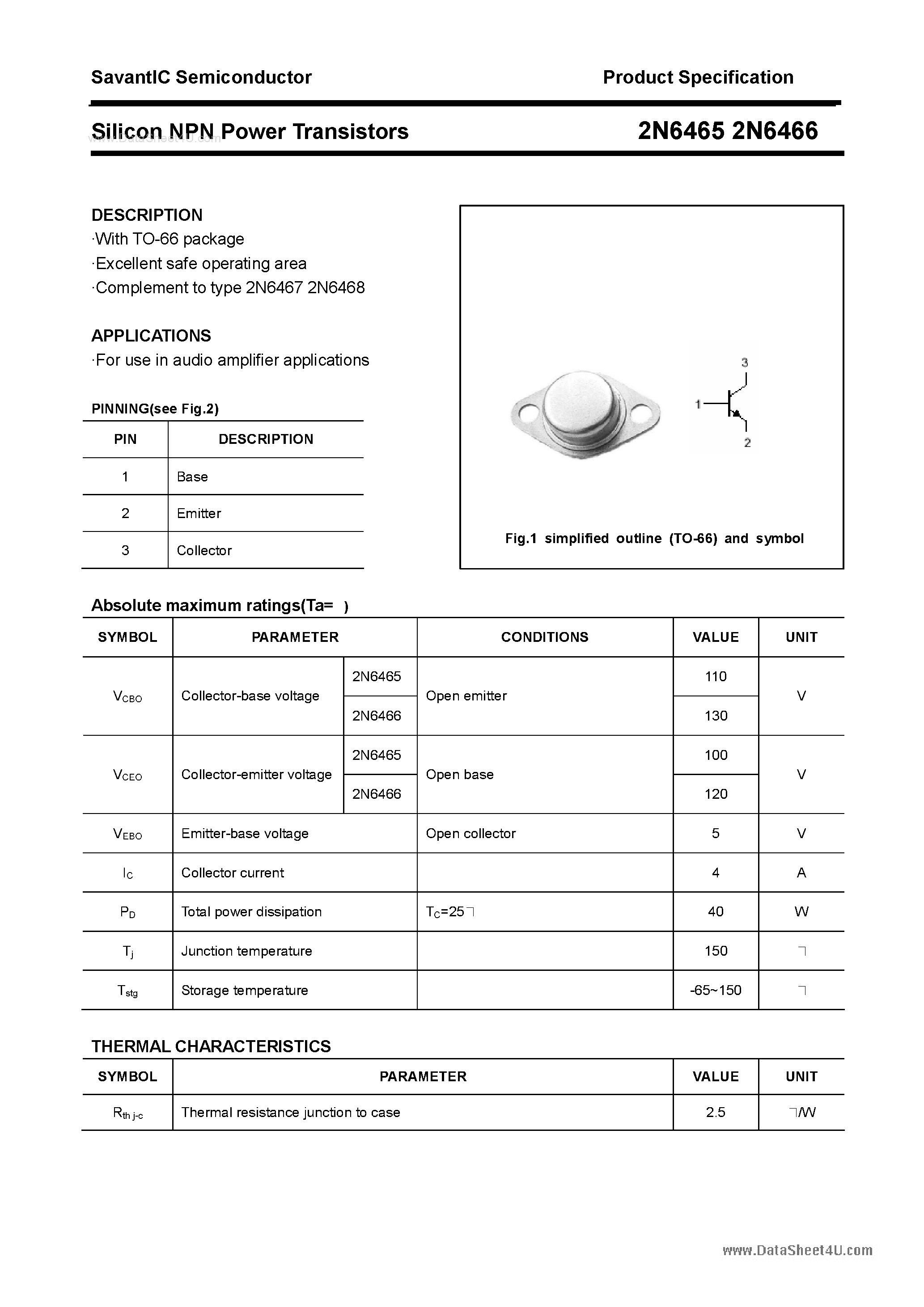 Datasheet 2N6465 - (2N6465 / 2N6466) Silicon Power Transistor page 1