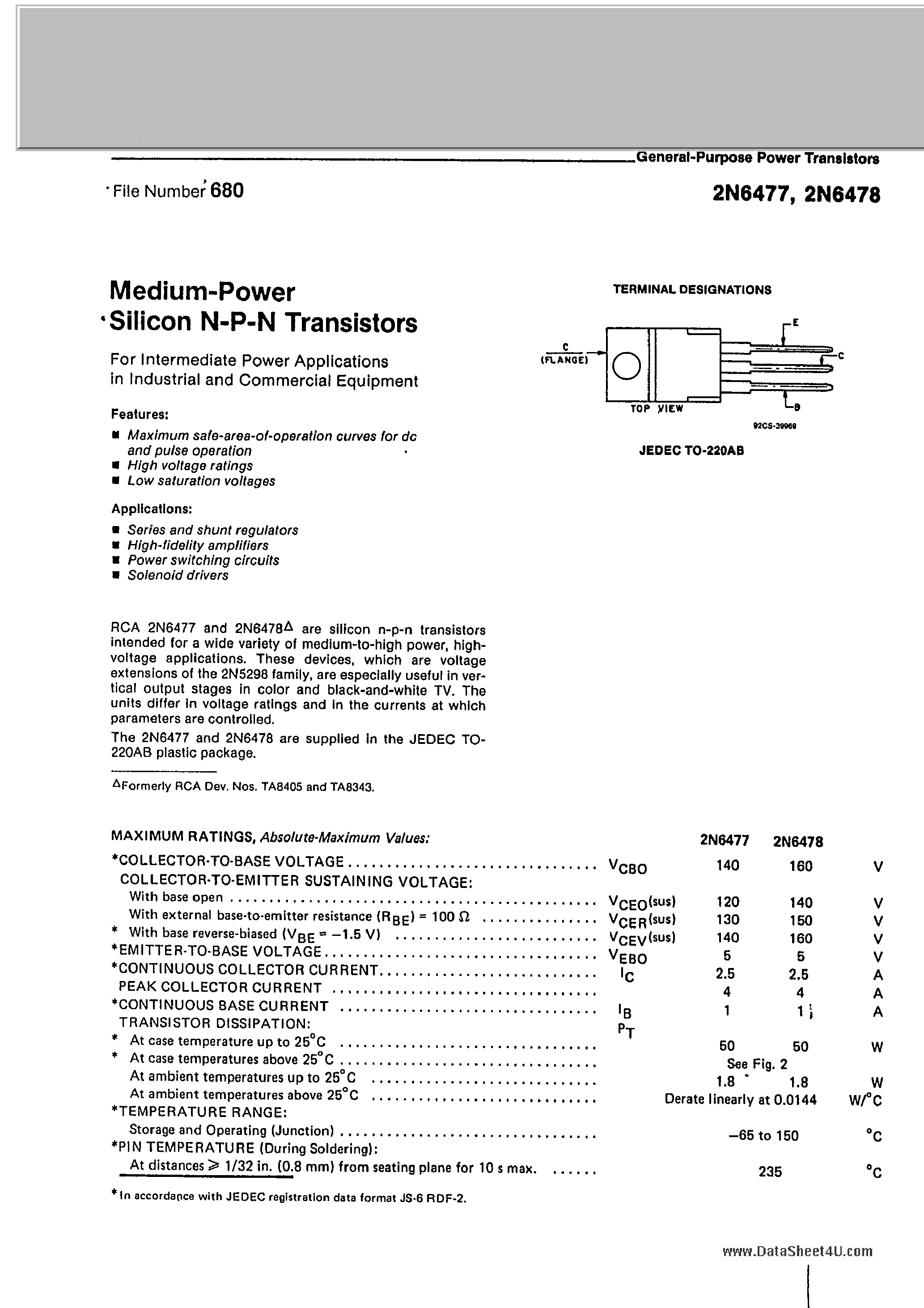 Даташит 2N6477 - (2N6477 / 2N6478) MEDIUM POWER SILICON NPN TRANSISTORS страница 1