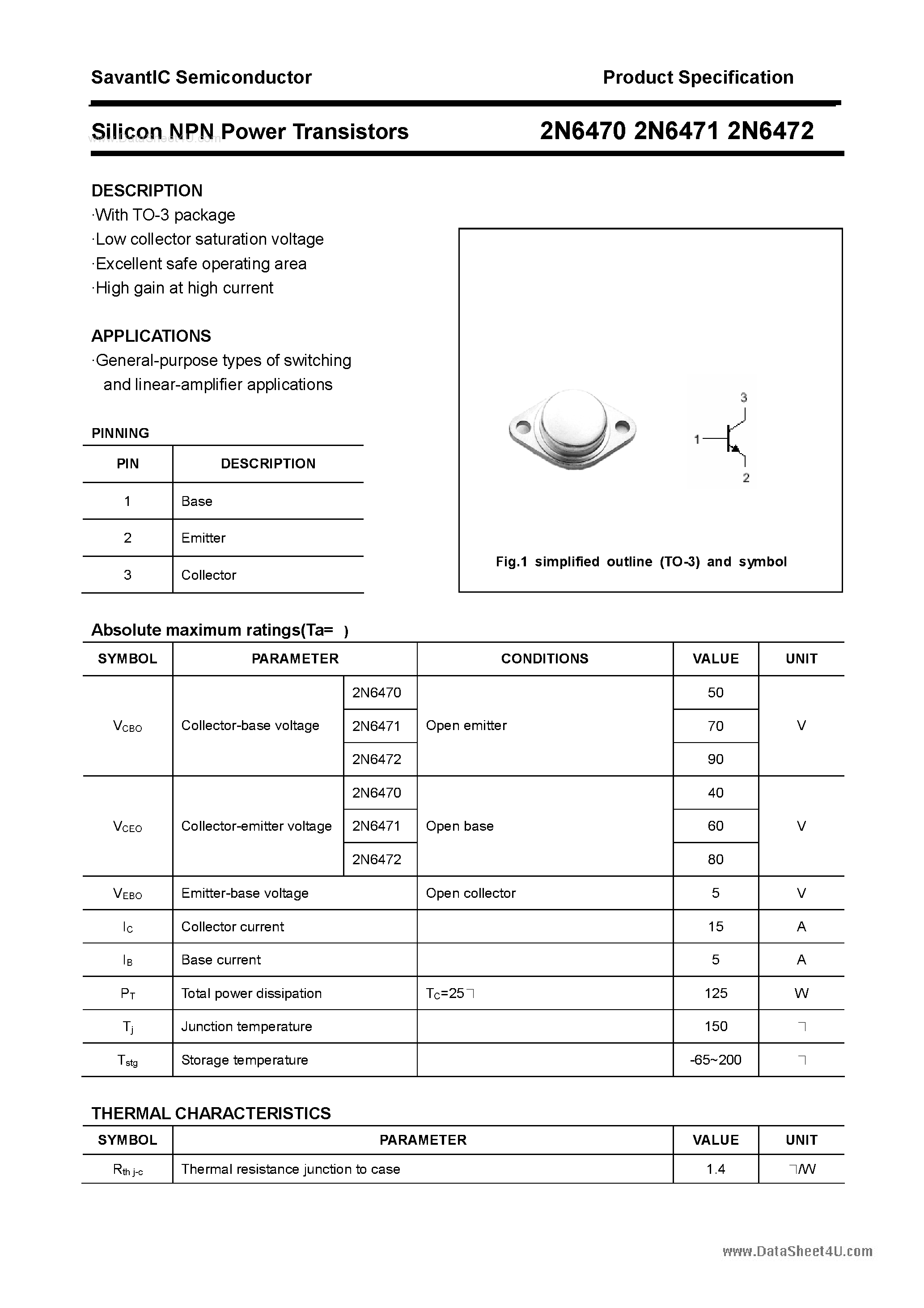Datasheet 2N6470 - (2N6470 - 2N6472) Silicon Power Transistor page 1