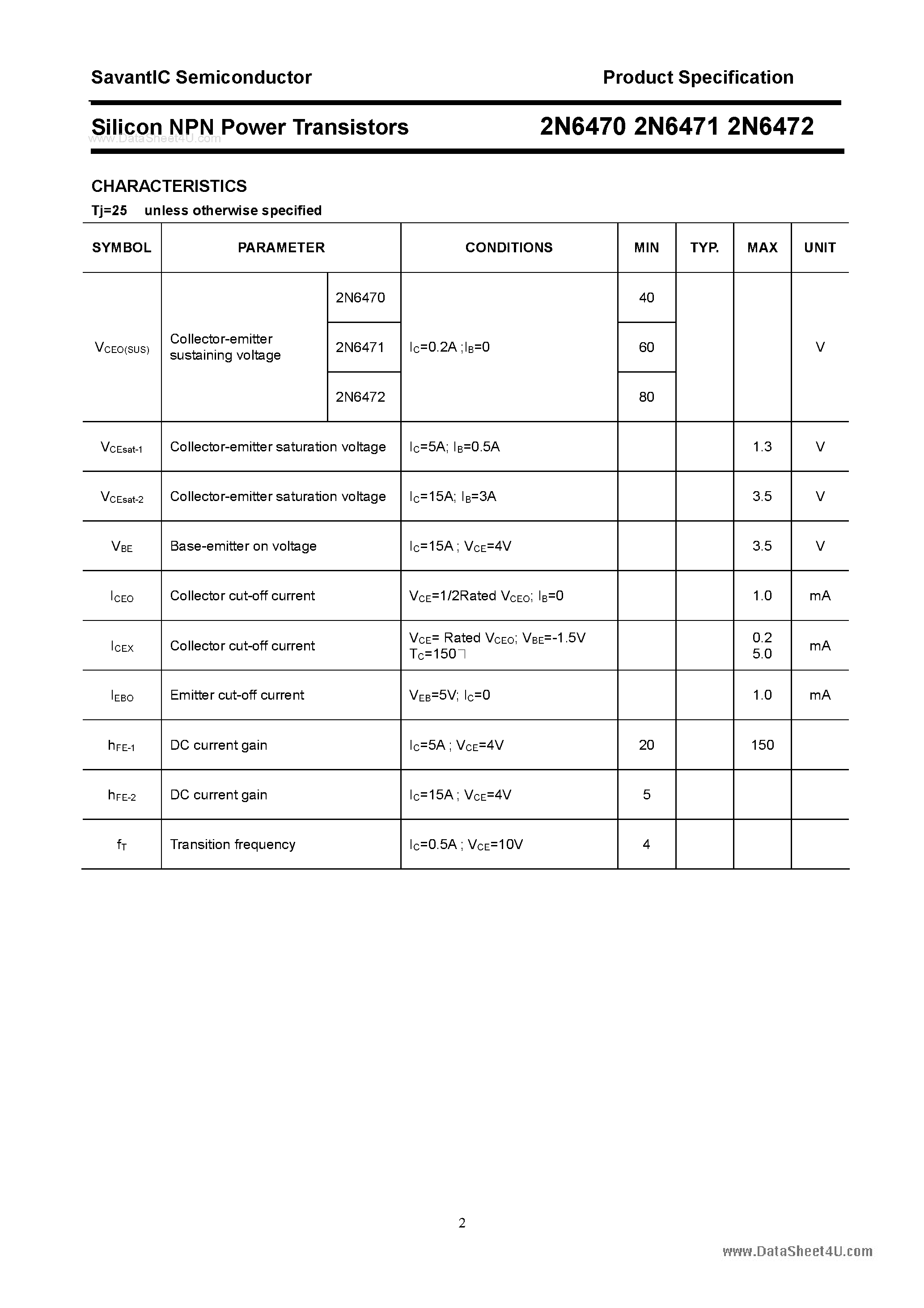 Datasheet 2N6470 - (2N6470 - 2N6472) Silicon Power Transistor page 2