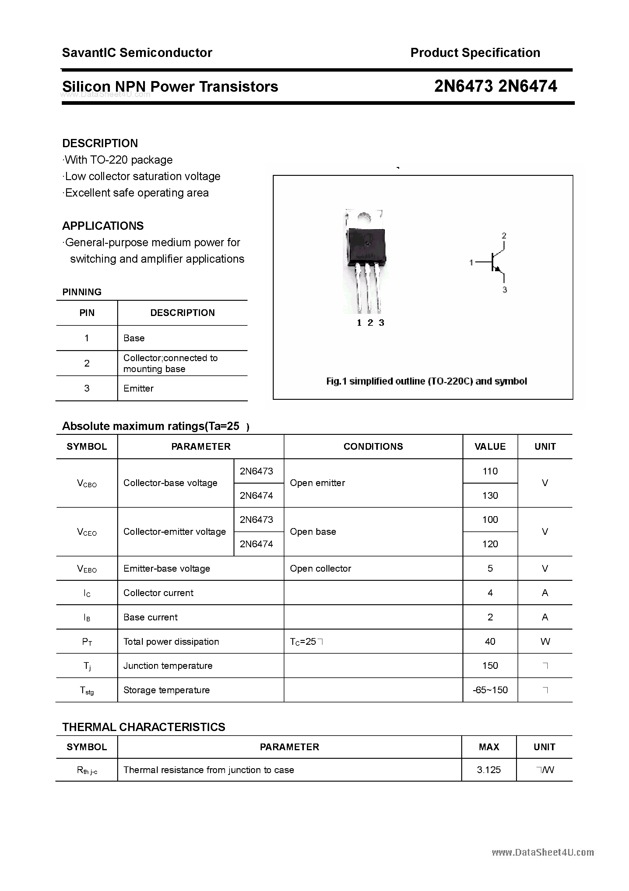 Datasheet 2N6473 - (2N6473 / 2N6474) Silicon Power Transistor page 1