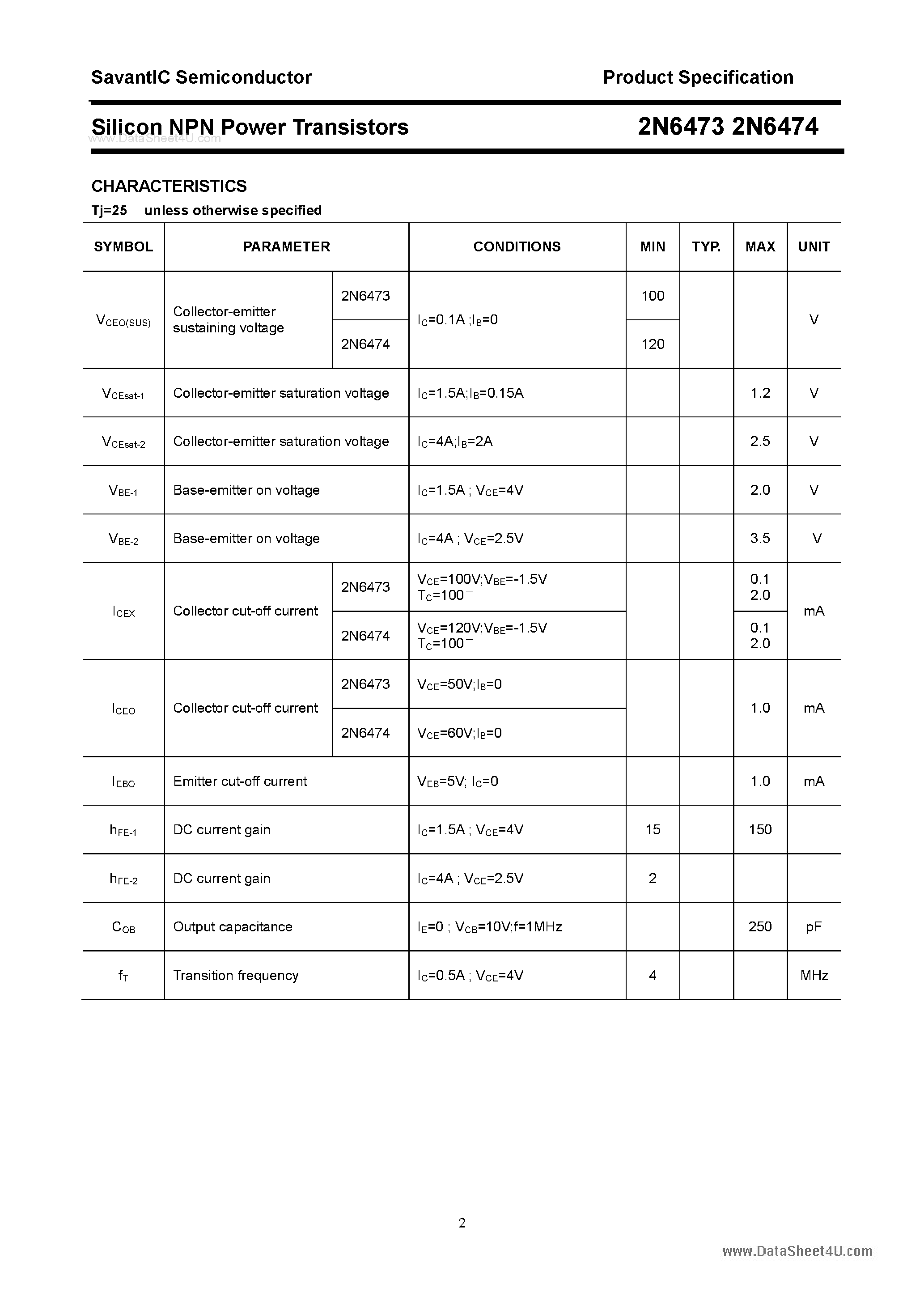 Datasheet 2N6473 - (2N6473 / 2N6474) Silicon Power Transistor page 2