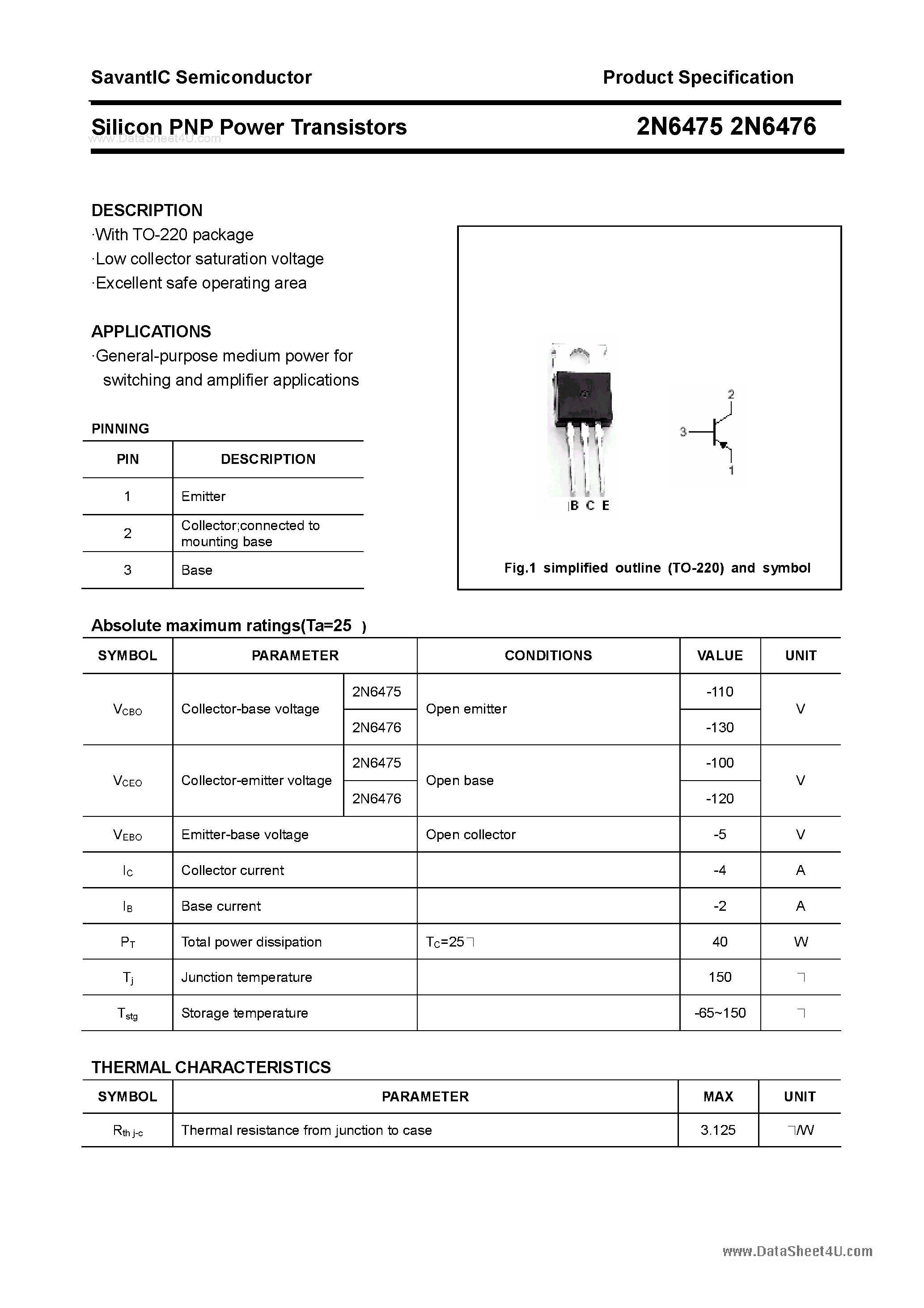 Datasheet 2N6475 - (2N6475 / 2N6476) Silicon Power Transistor page 1