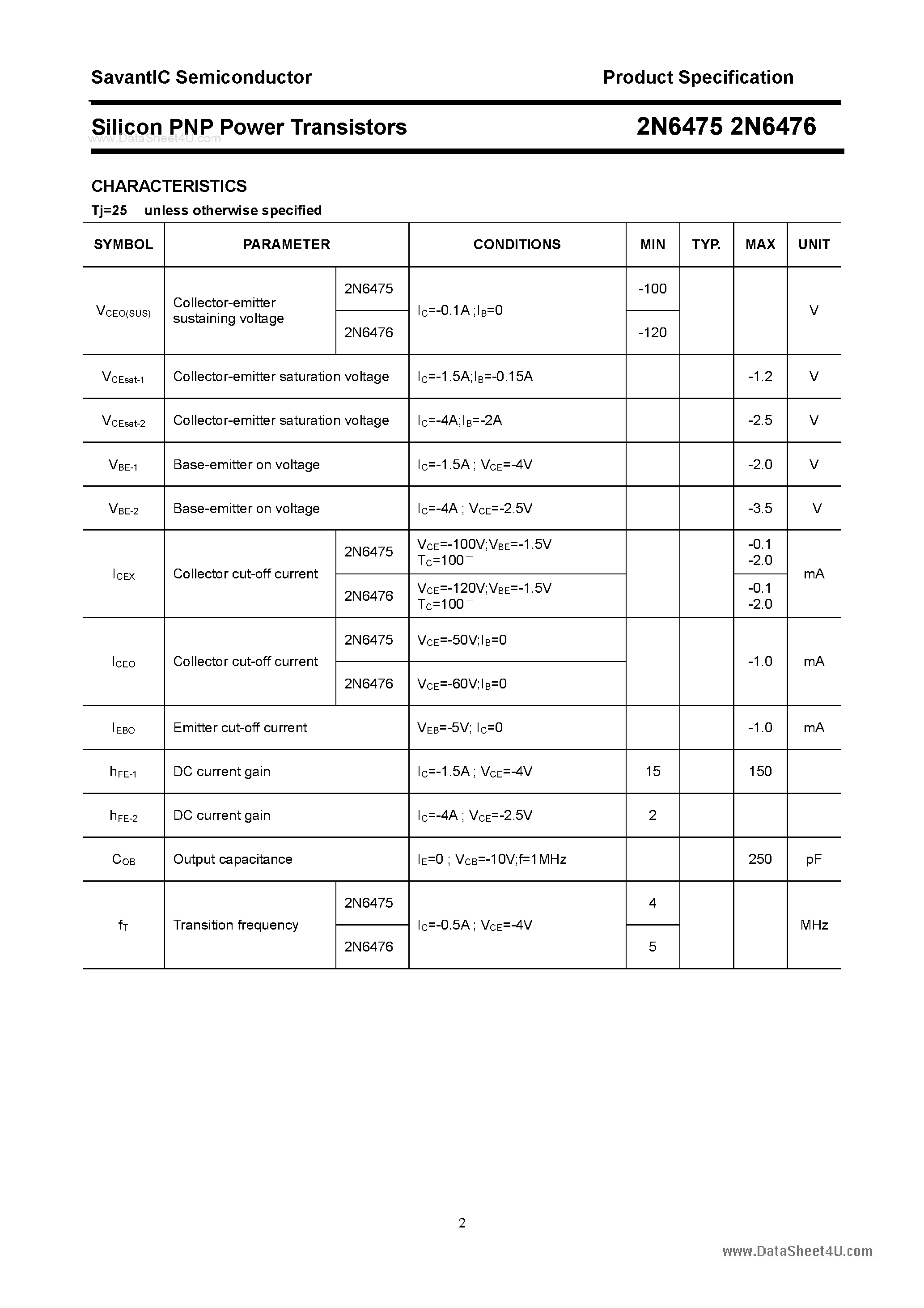 Datasheet 2N6475 - (2N6475 / 2N6476) Silicon Power Transistor page 2