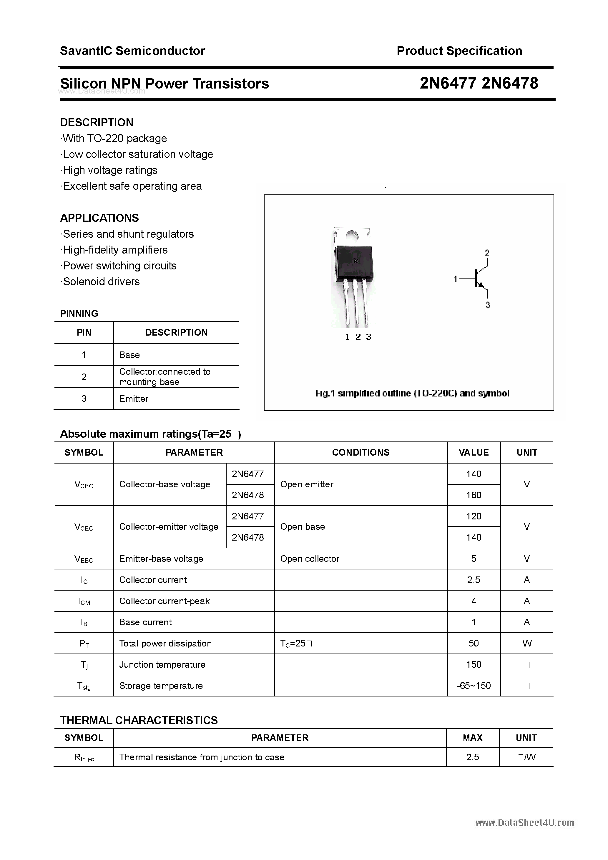 Datasheet 2N6477 - (2N6477 / 2N6478) Silicon Power Transistor page 1