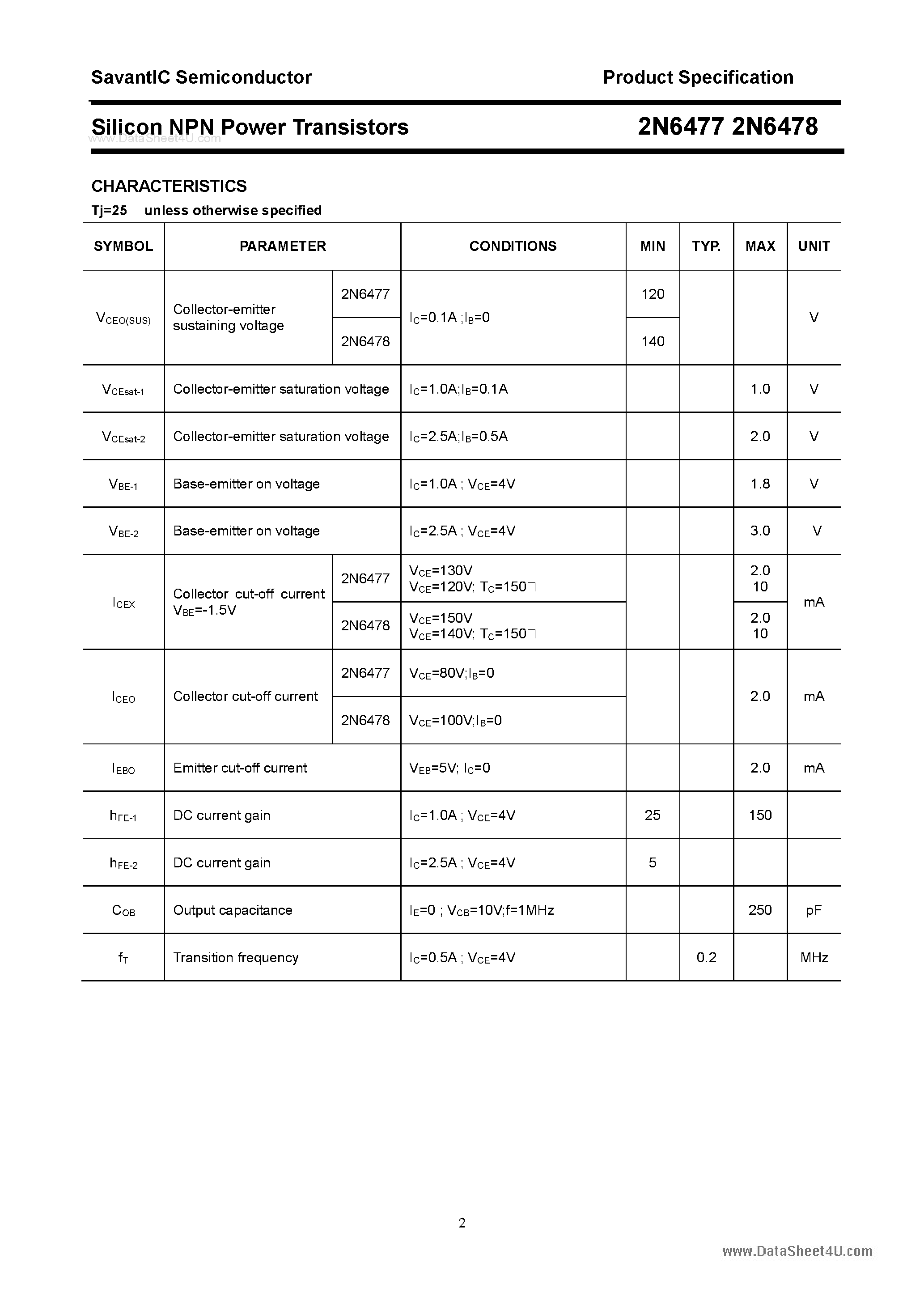 Datasheet 2N6477 - (2N6477 / 2N6478) Silicon Power Transistor page 2
