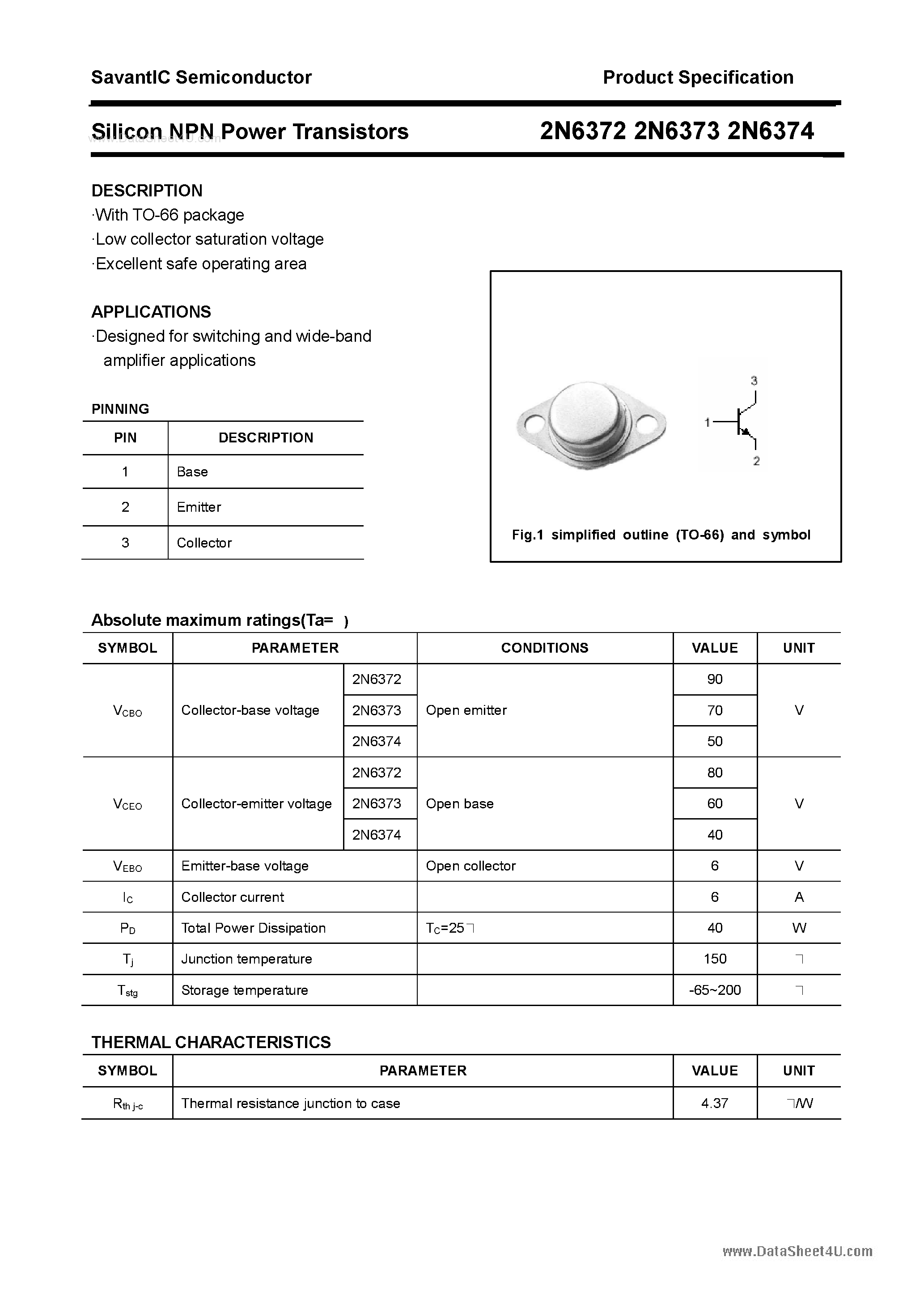 Datasheet 2N6372 - (2N6372 - 2N6374) Silicon Power Transistor page 1