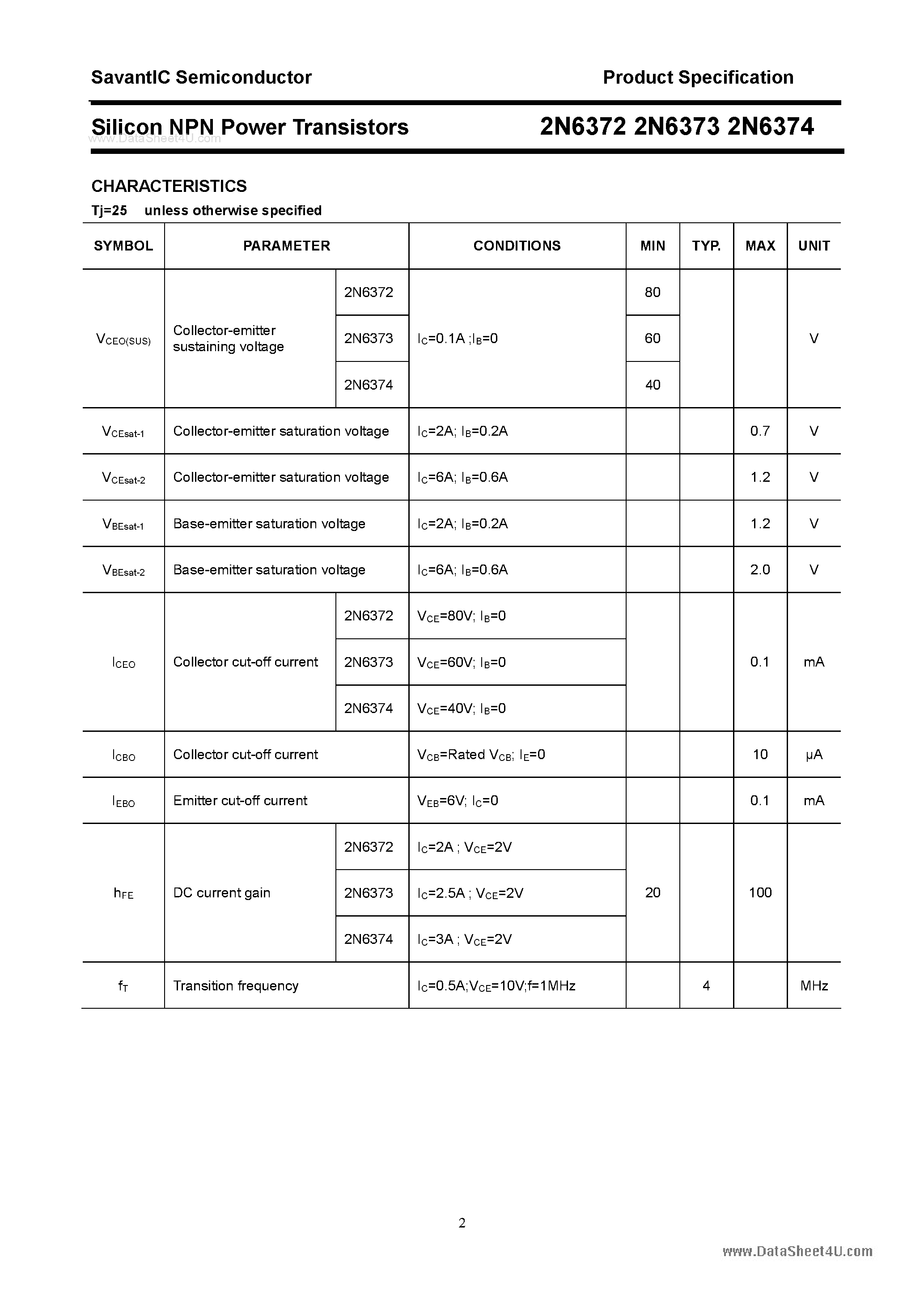 Datasheet 2N6372 - (2N6372 - 2N6374) Silicon Power Transistor page 2