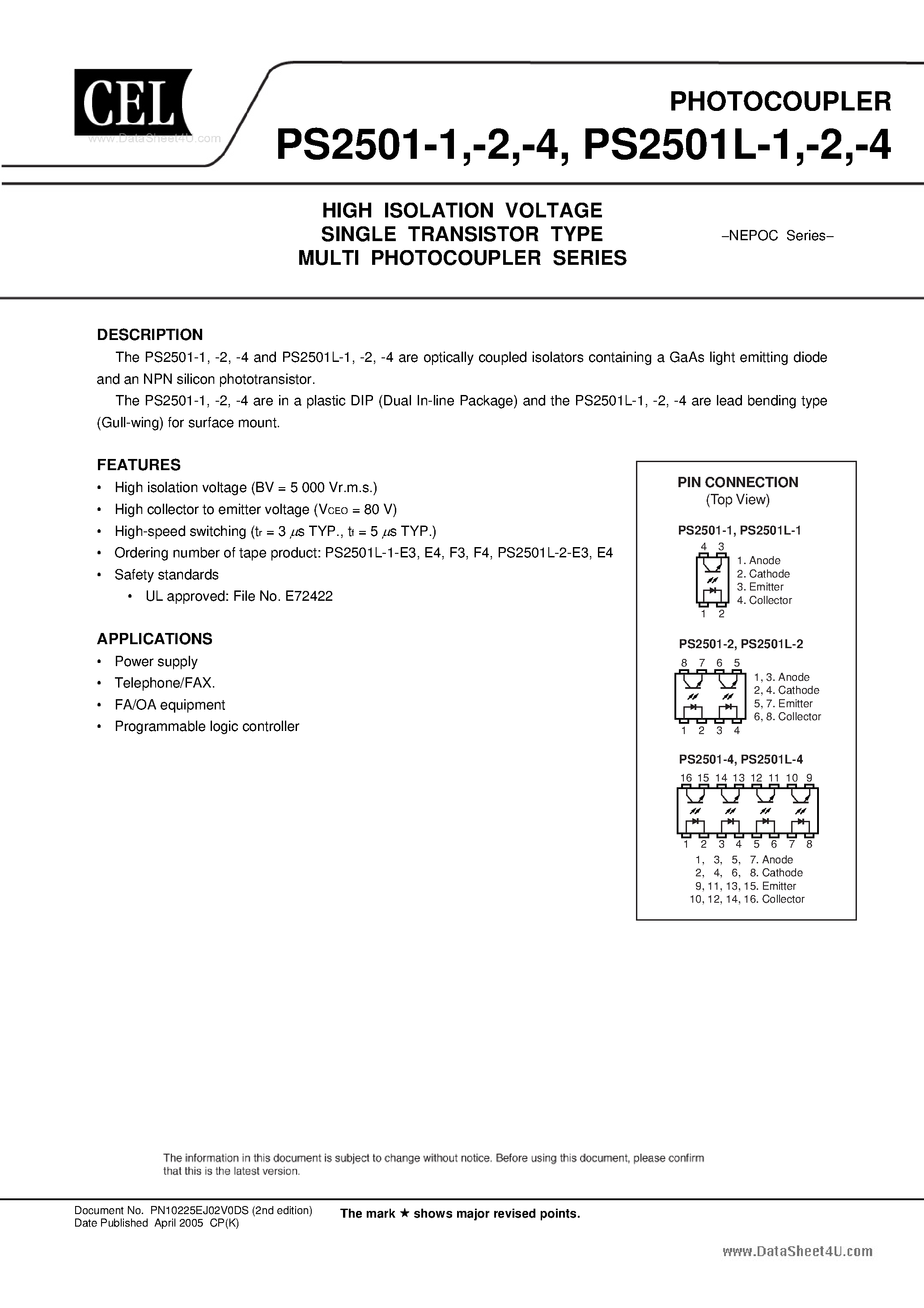 Datasheet PS2501-1 - HIGH ISOLATION VOLTAGE SINGLE TRANSISTOR TYPE MULTI PHOTOCOUPLER SERIES page 1