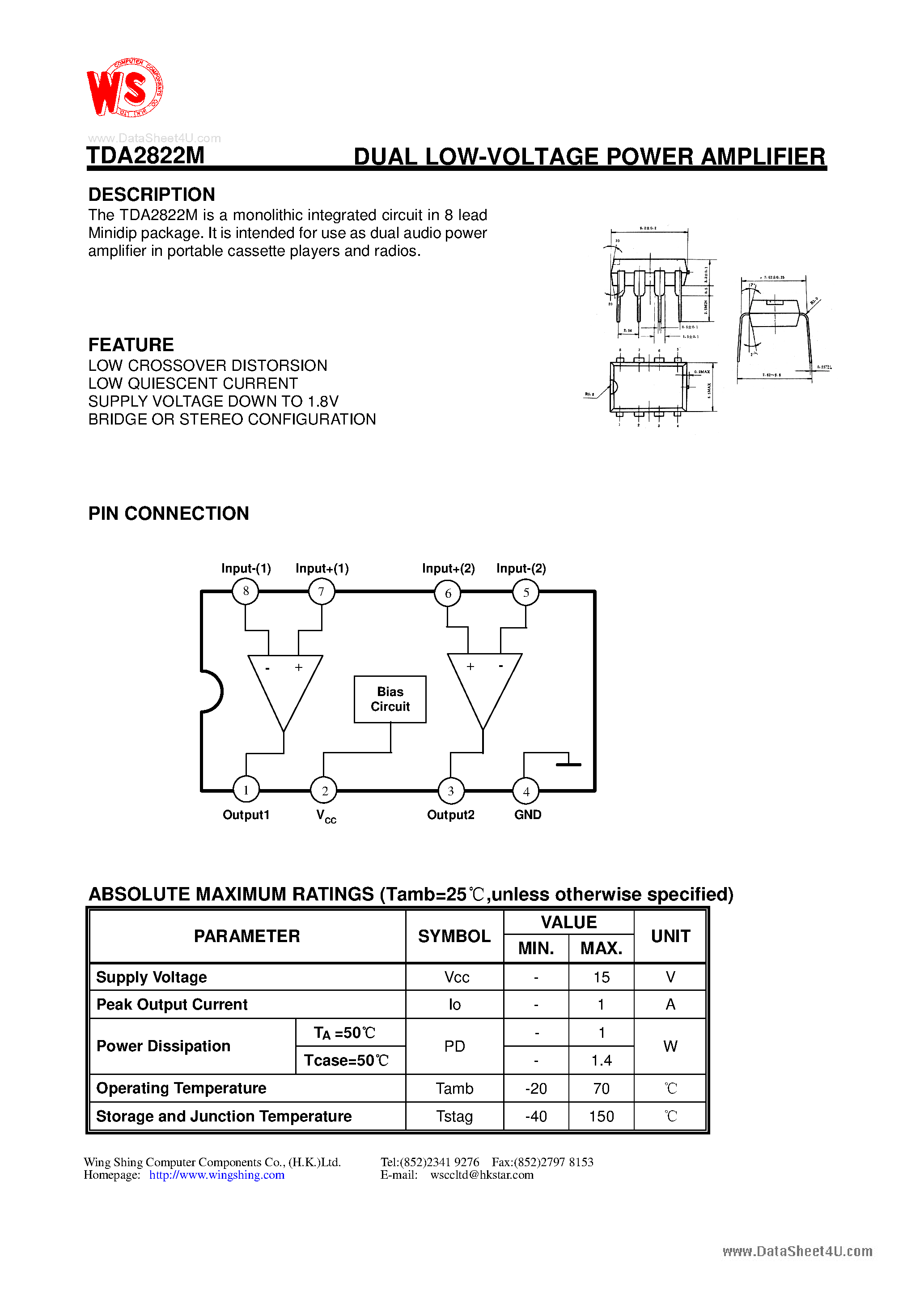 Datasheet TDA2822M - DUAL LOW-VOLTAGE POWER AMPLIFIER page 1