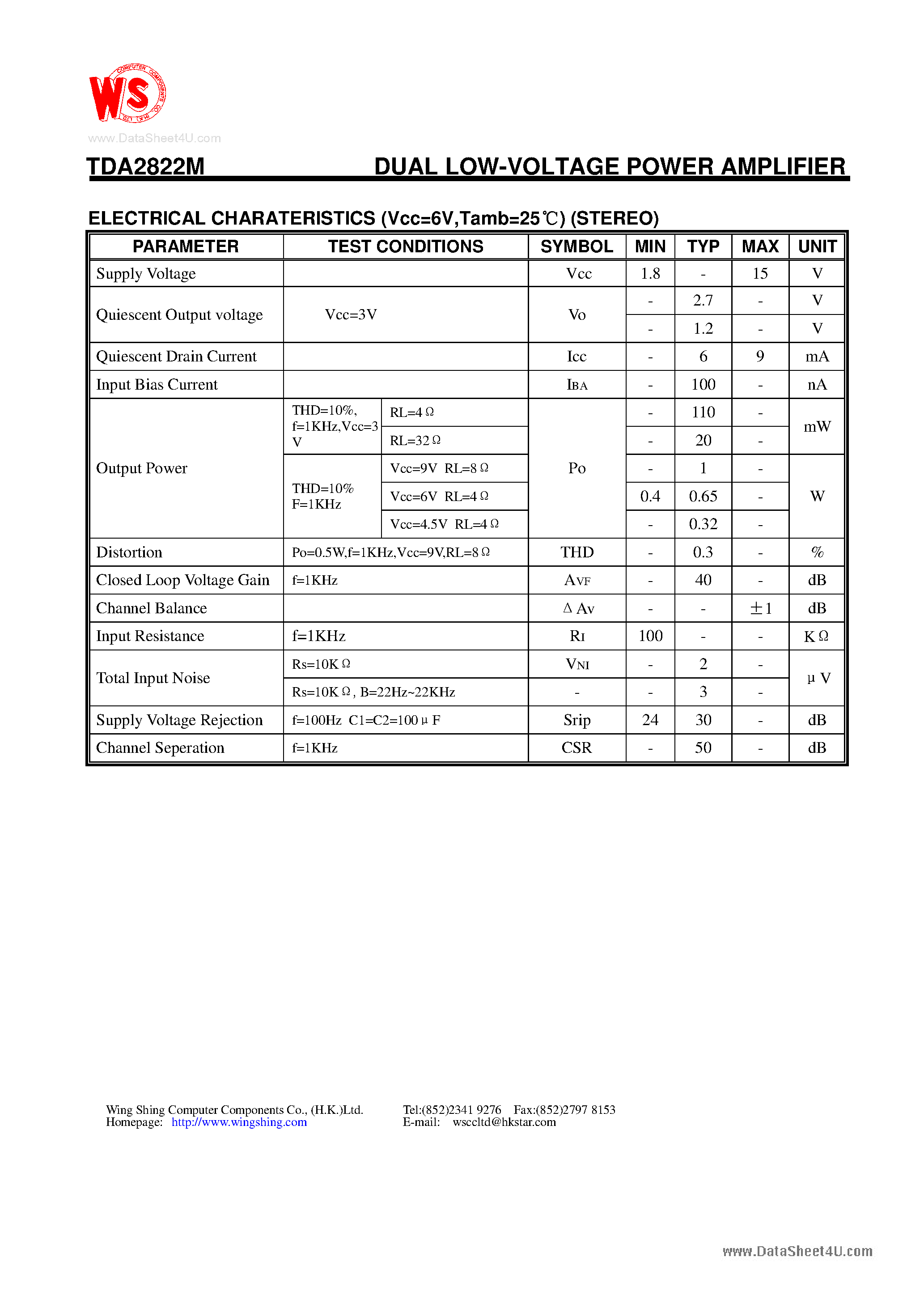 Datasheet TDA2822M - DUAL LOW-VOLTAGE POWER AMPLIFIER page 2