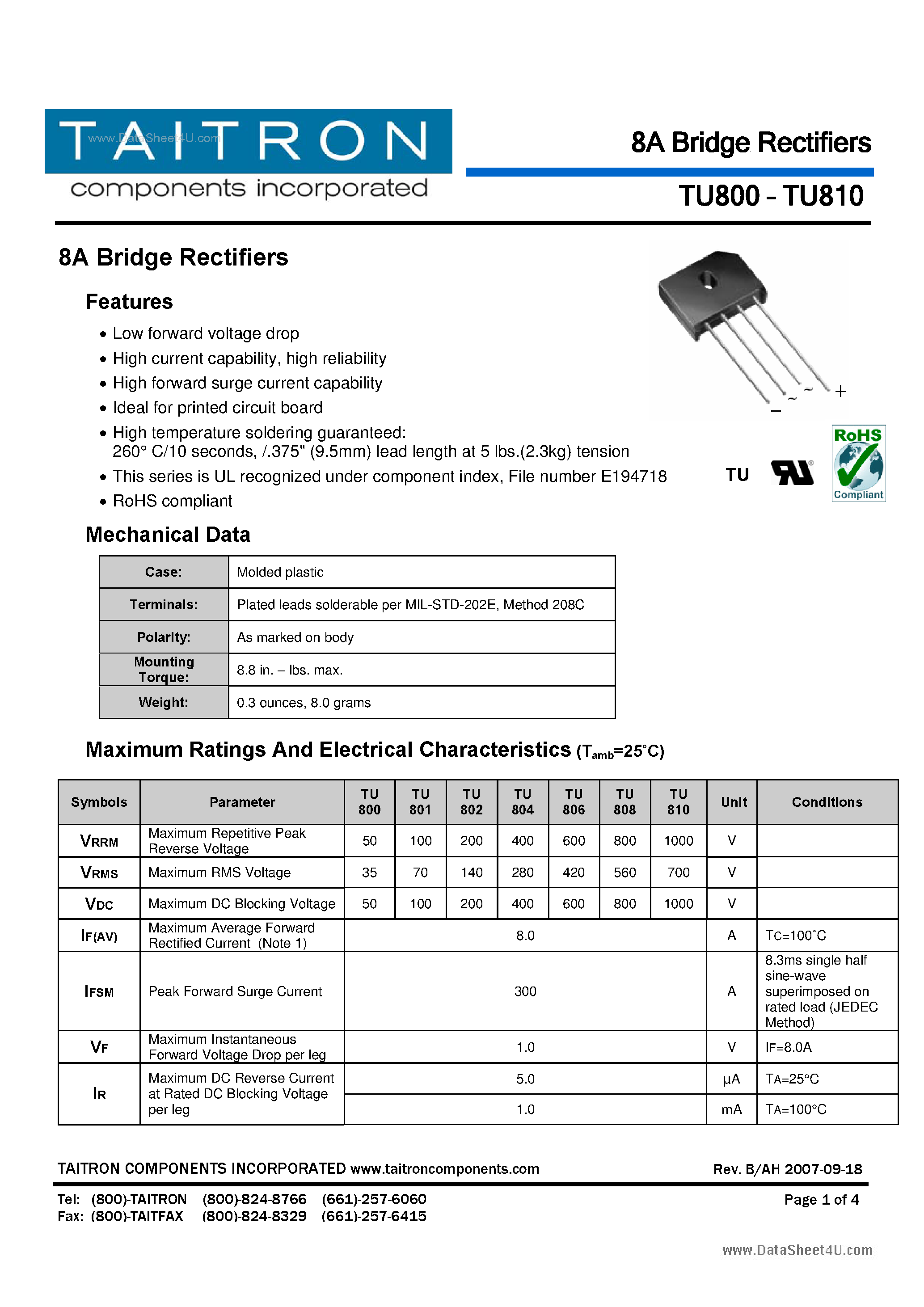 Datasheet TU800 page 1 Datasheet TU800 - (TU800 - TU810) 8A Bridge Rectifiers page 1