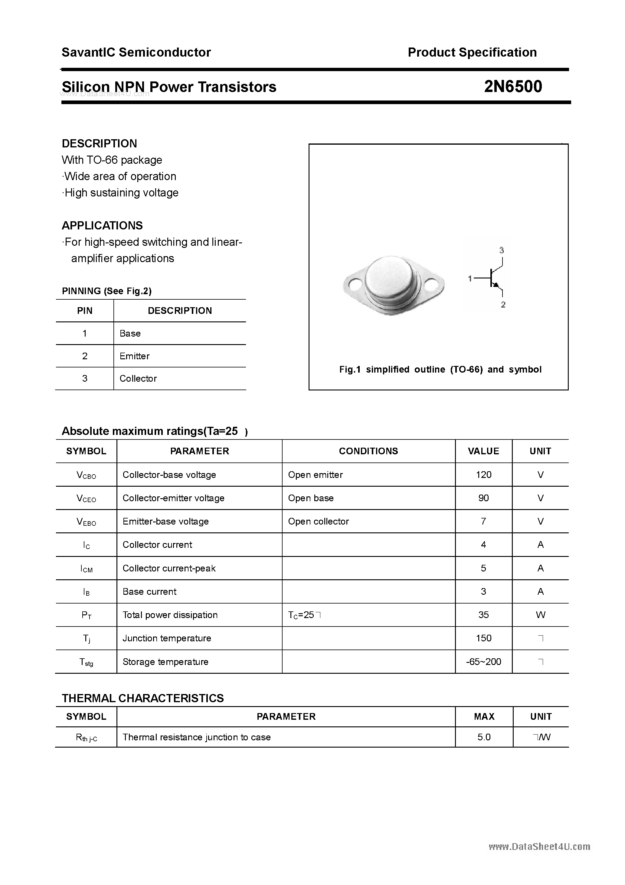 Datasheet 2N6500 - Silicon Power Transistor page 1