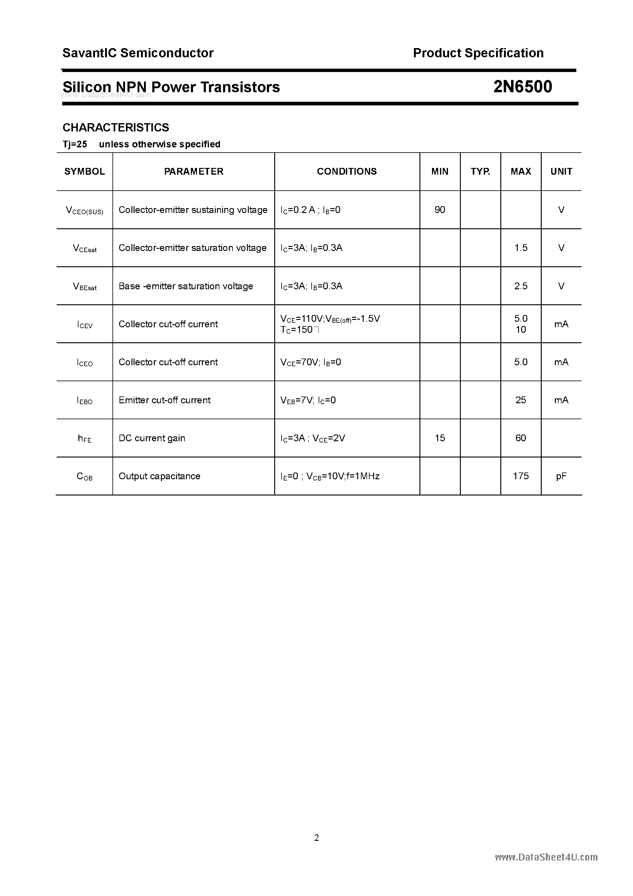 Datasheet 2N6500 - Silicon Power Transistor page 2