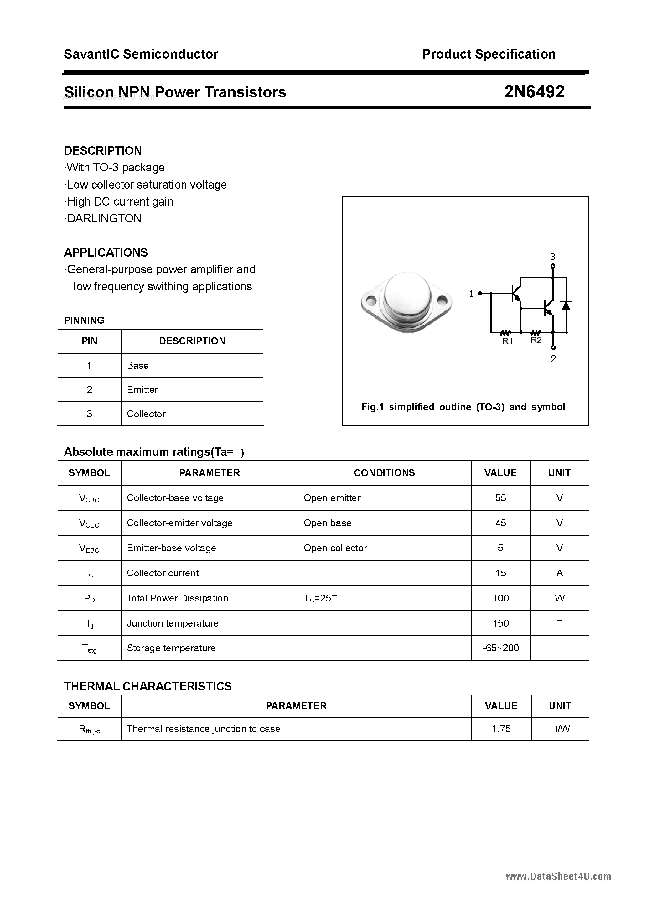 Datasheet 2N6492 - Silicon Power Transistor page 1